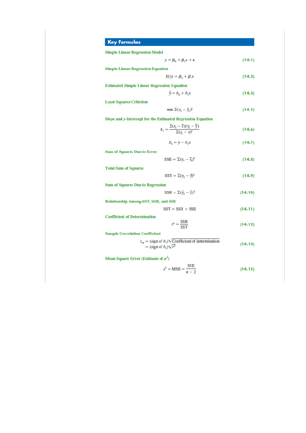 KTL CHAP 14 15 - KTL - Key Formulas Simple Linear Regression Model (14 ...
