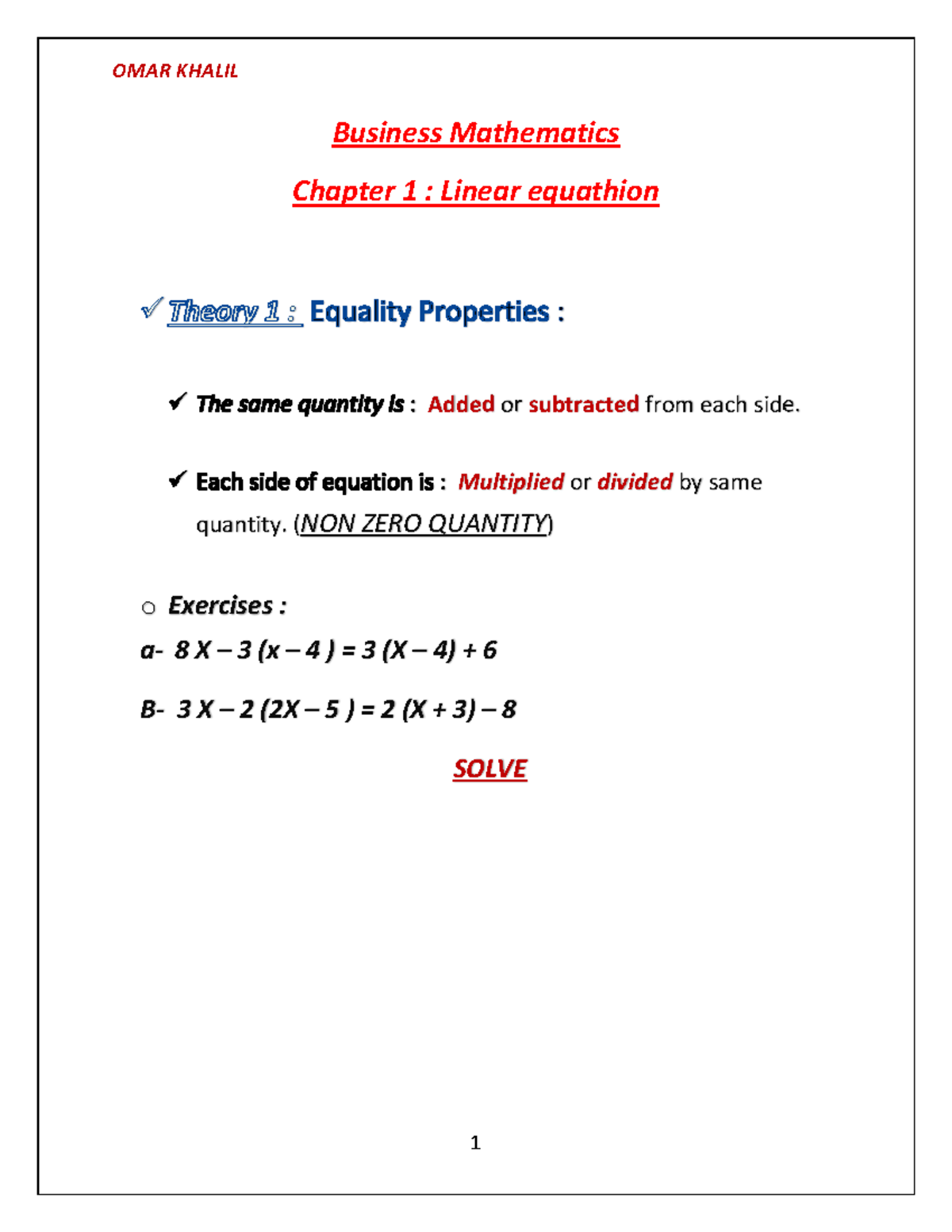 CH 1 MATH - Linear Equations Summary & Exercises - Studocu