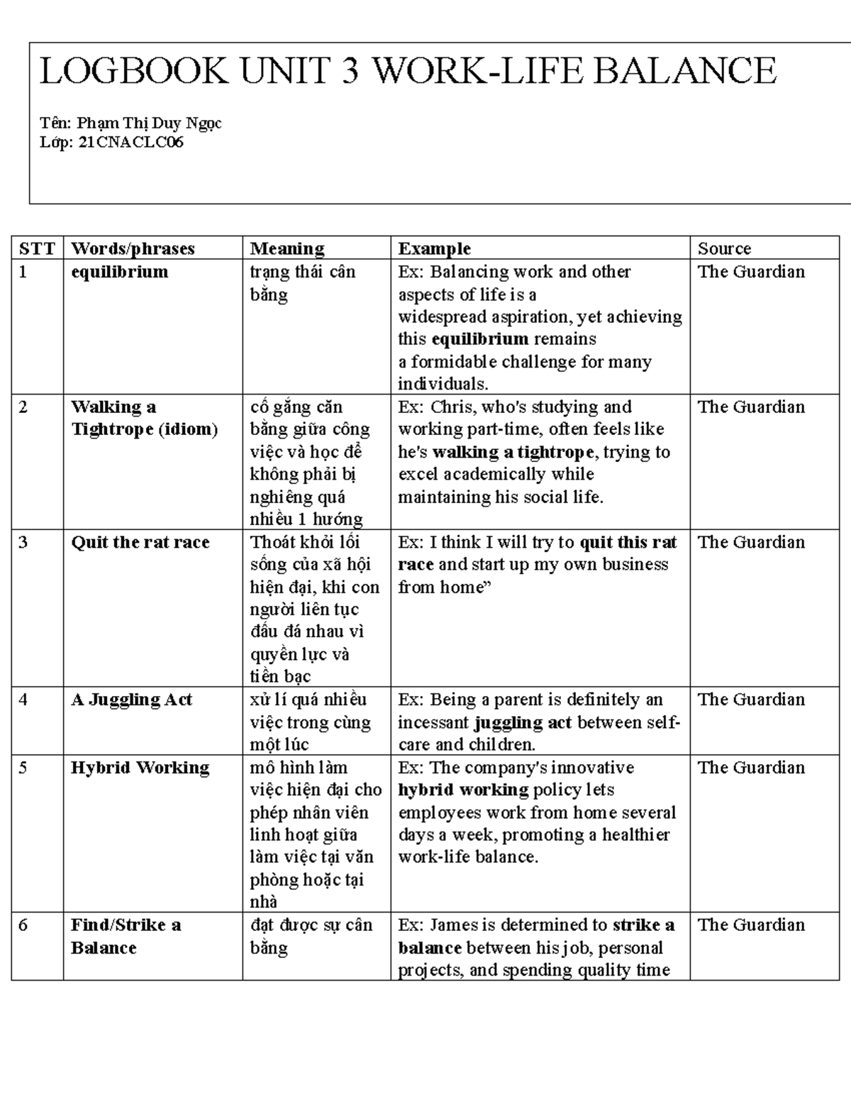 Logbook Unit 3 Work-life balance - STT Words/phrases Meaning Example ...