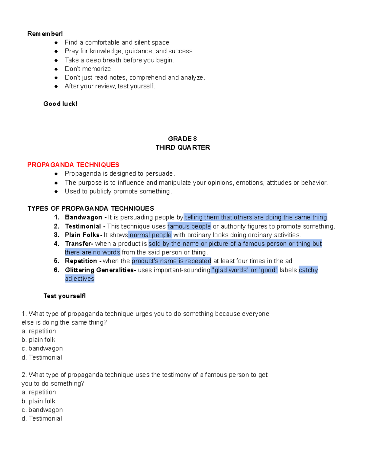GRADE 8 THIRD QUARTER STUDY NOTES ON PROPAGANDA TECHNIQUES - Studocu
