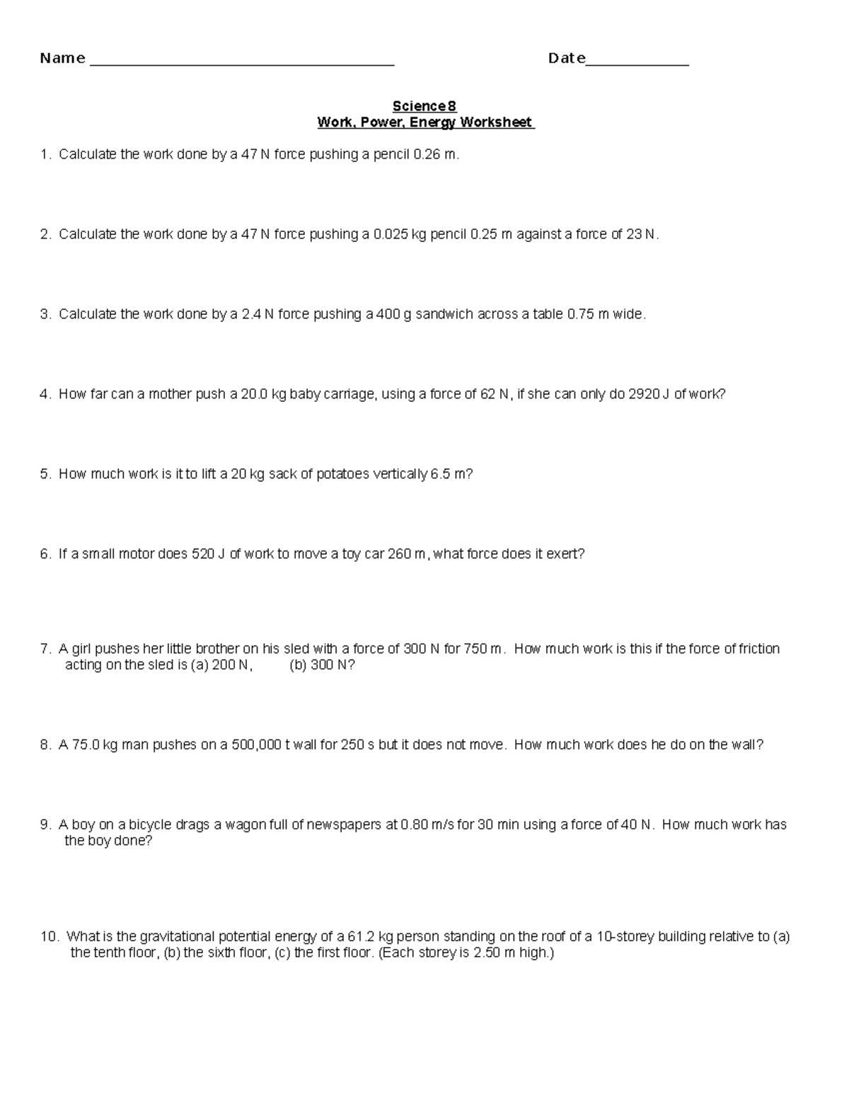 Science 8 Work and Energy Worksheet: Calculations and Concepts - Studocu