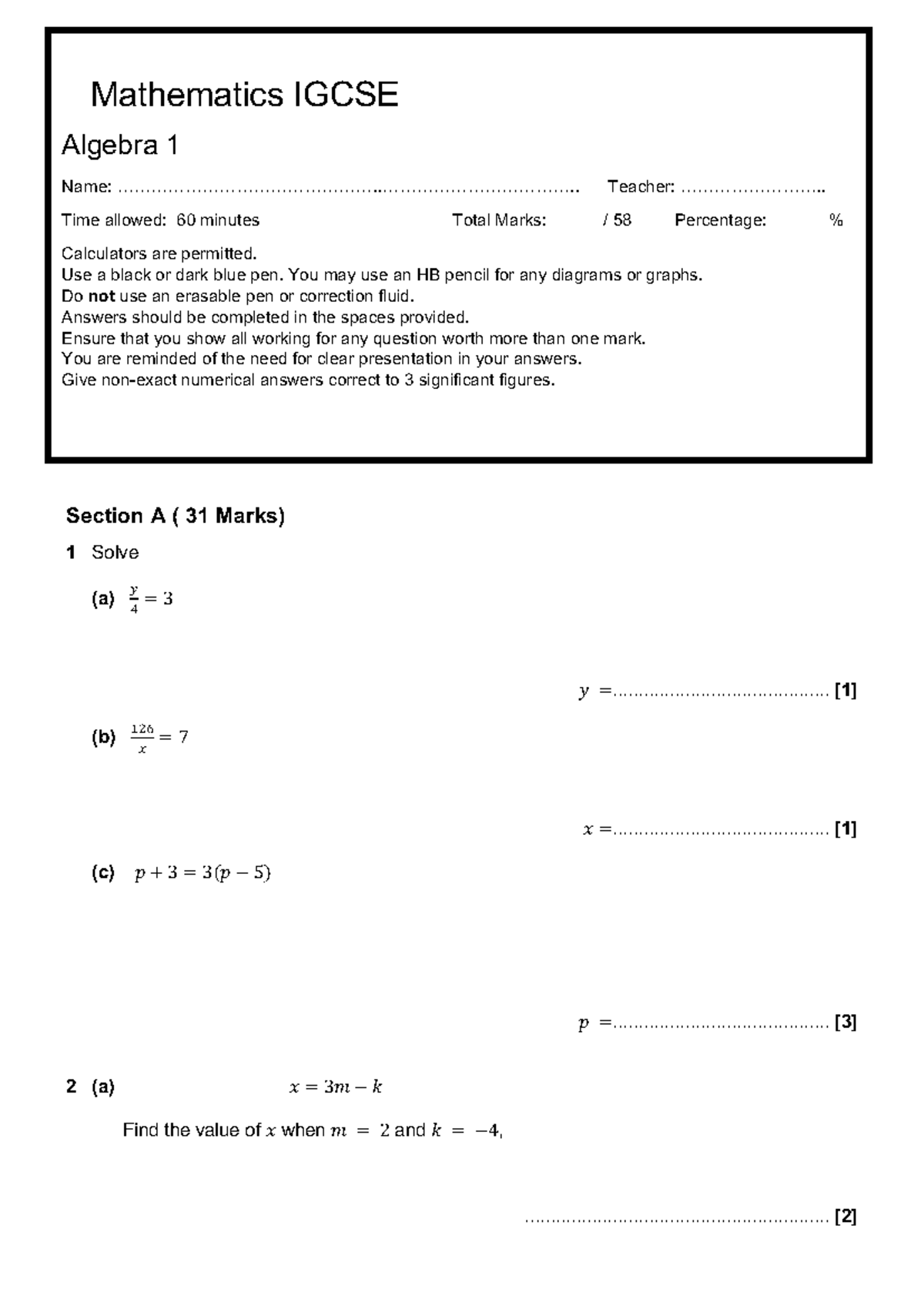 Mathematics IGCSE Algebra 1 Practice Exam - 60 Minutes - Studocu