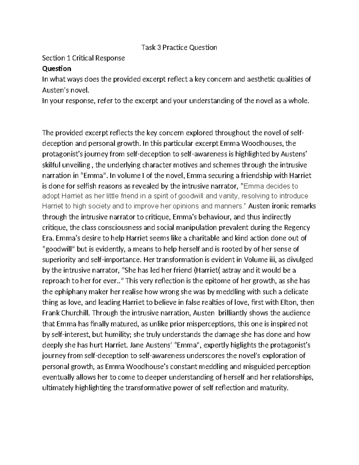 ENG 101: Task 3 Critical Response on Emma's Personal Growth - Studocu