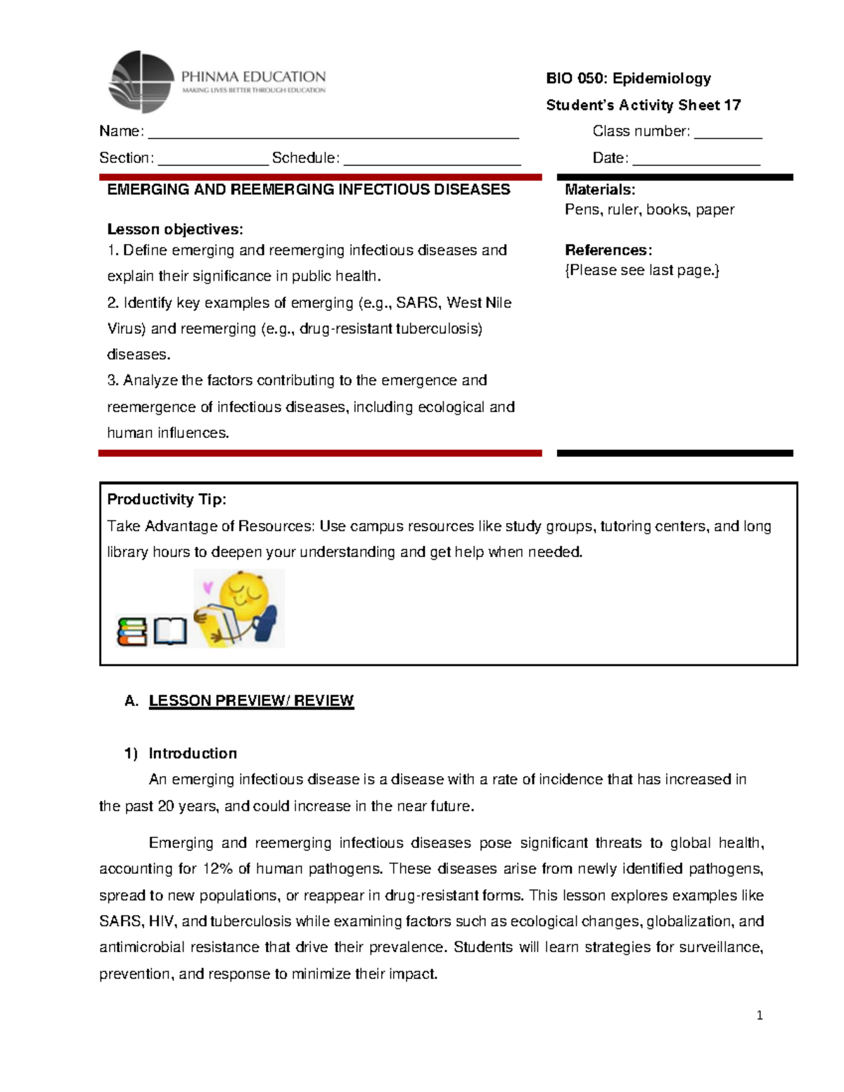 BIO 050: Lesson 17 on Emerging & Reemerging Infectious Diseases - Studocu