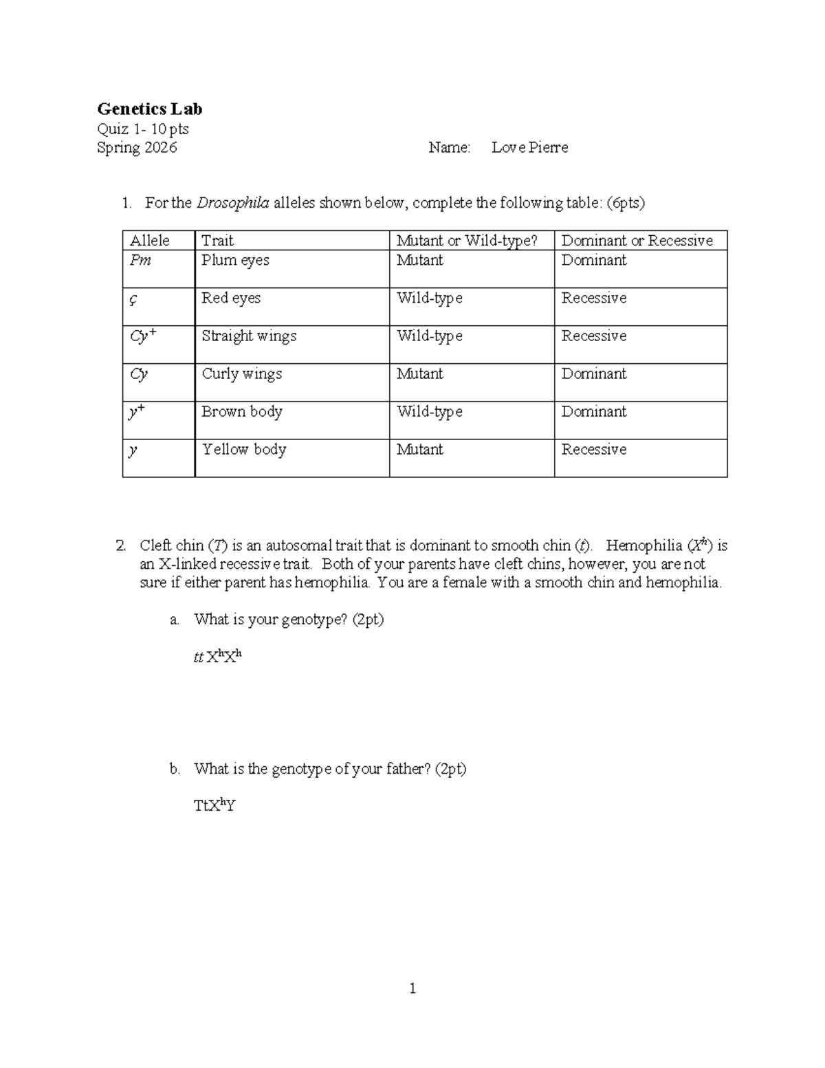 Genetics Lab Quiz 1 - Spring 2026 by Love Pierre - Studocu