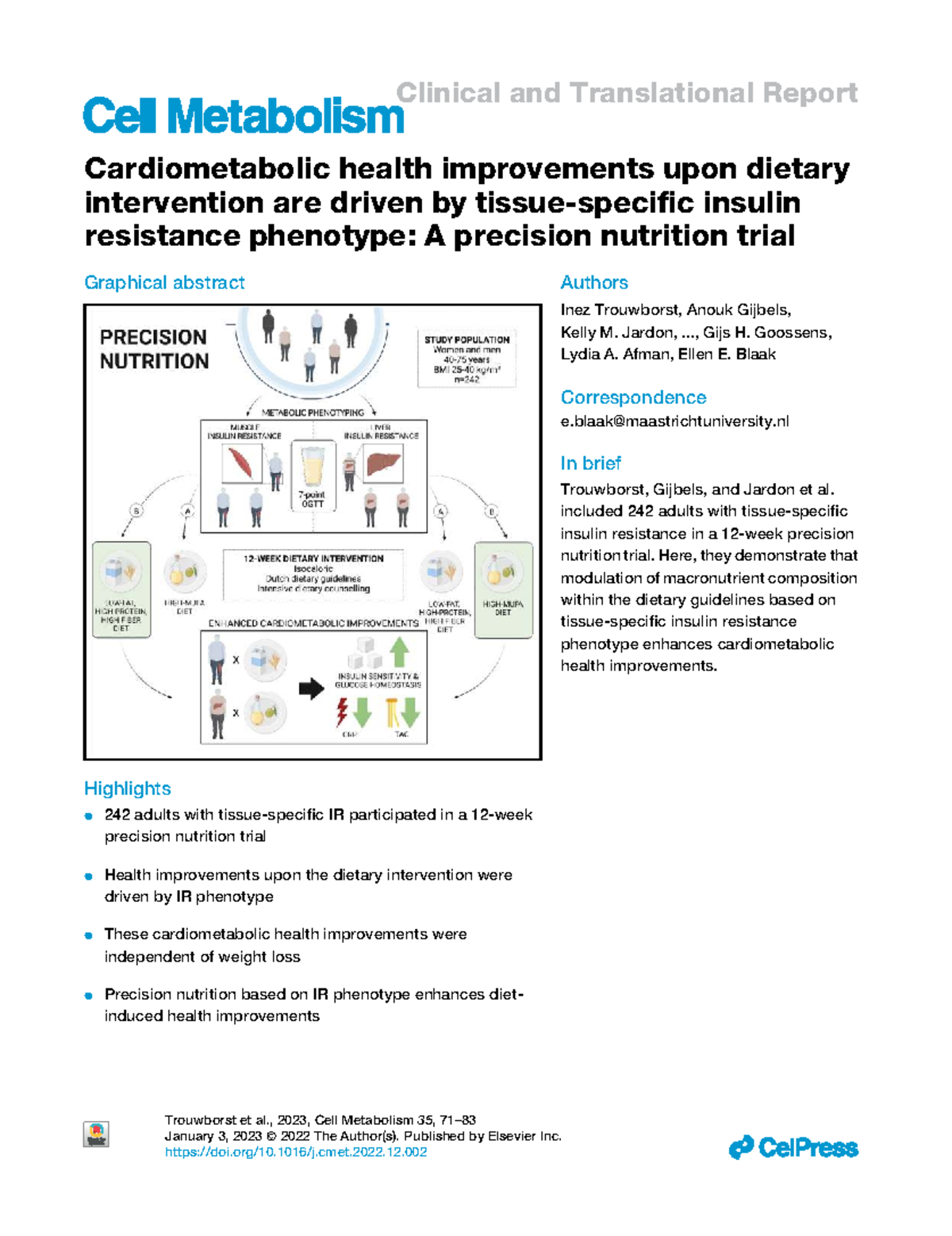 Precision Nutrition Trial: Dietary Intervention Effects on ...