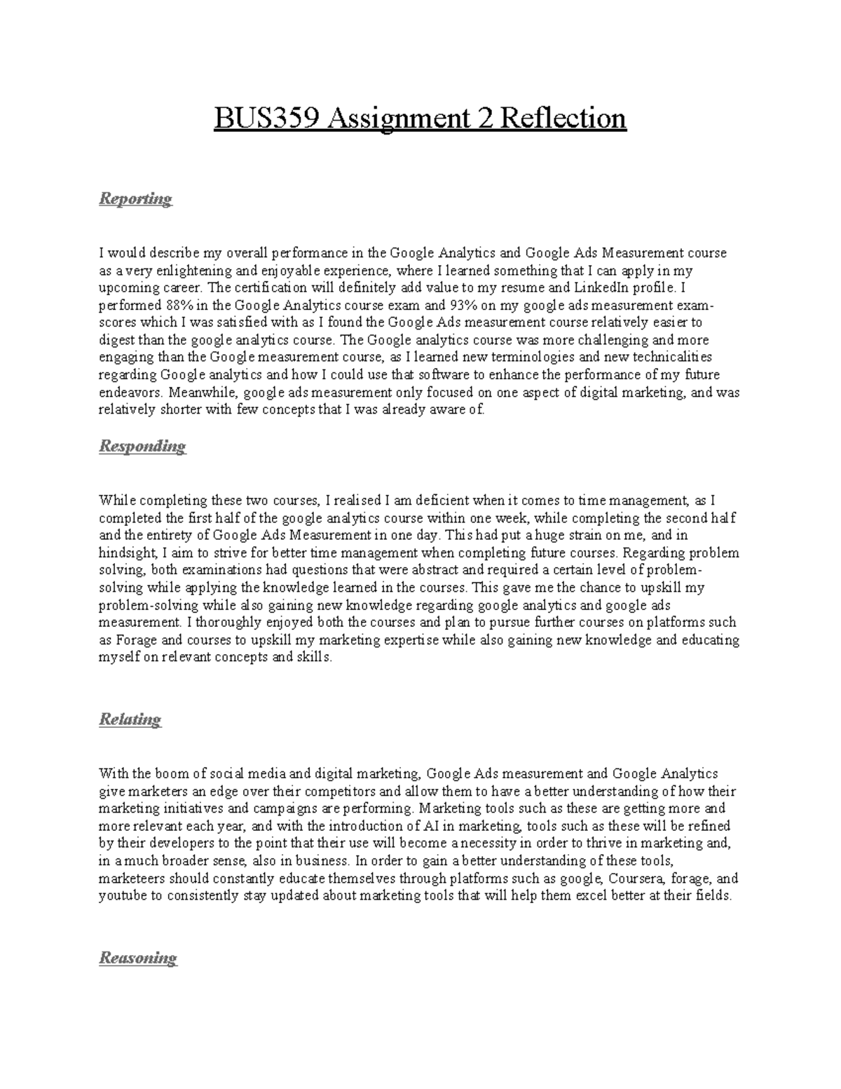 BUS359 Assignment 2 Reflection on Google Analytics & Ads - Studocu