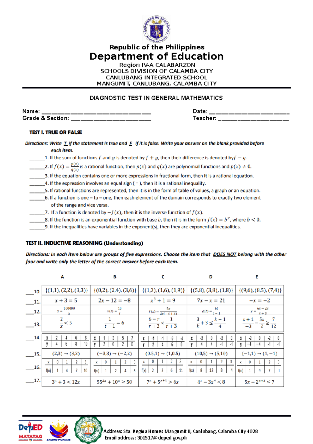 Diagnostic Test in General Mathematics (Grade 4) - Studocu