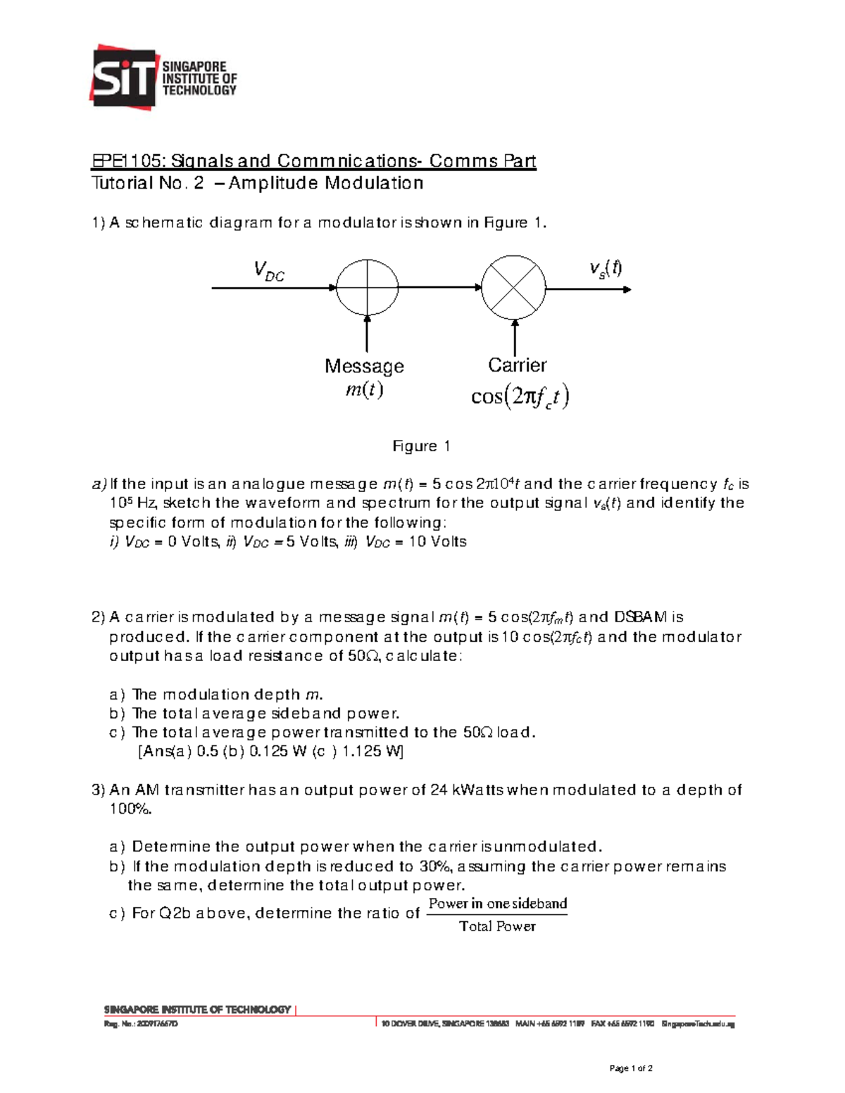 EPE1105 Tutorial 2: Concepts of Amplitude Modulation Techniques - Studocu