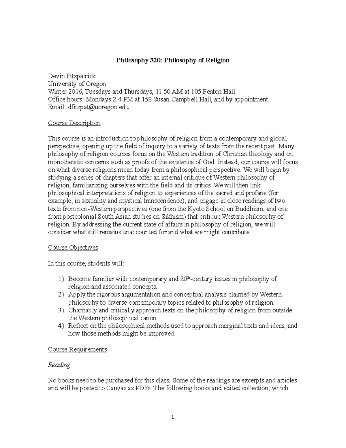 PHIL 320 Philosophy of Religion Syllabus - Winter 2016 Overview - Studocu