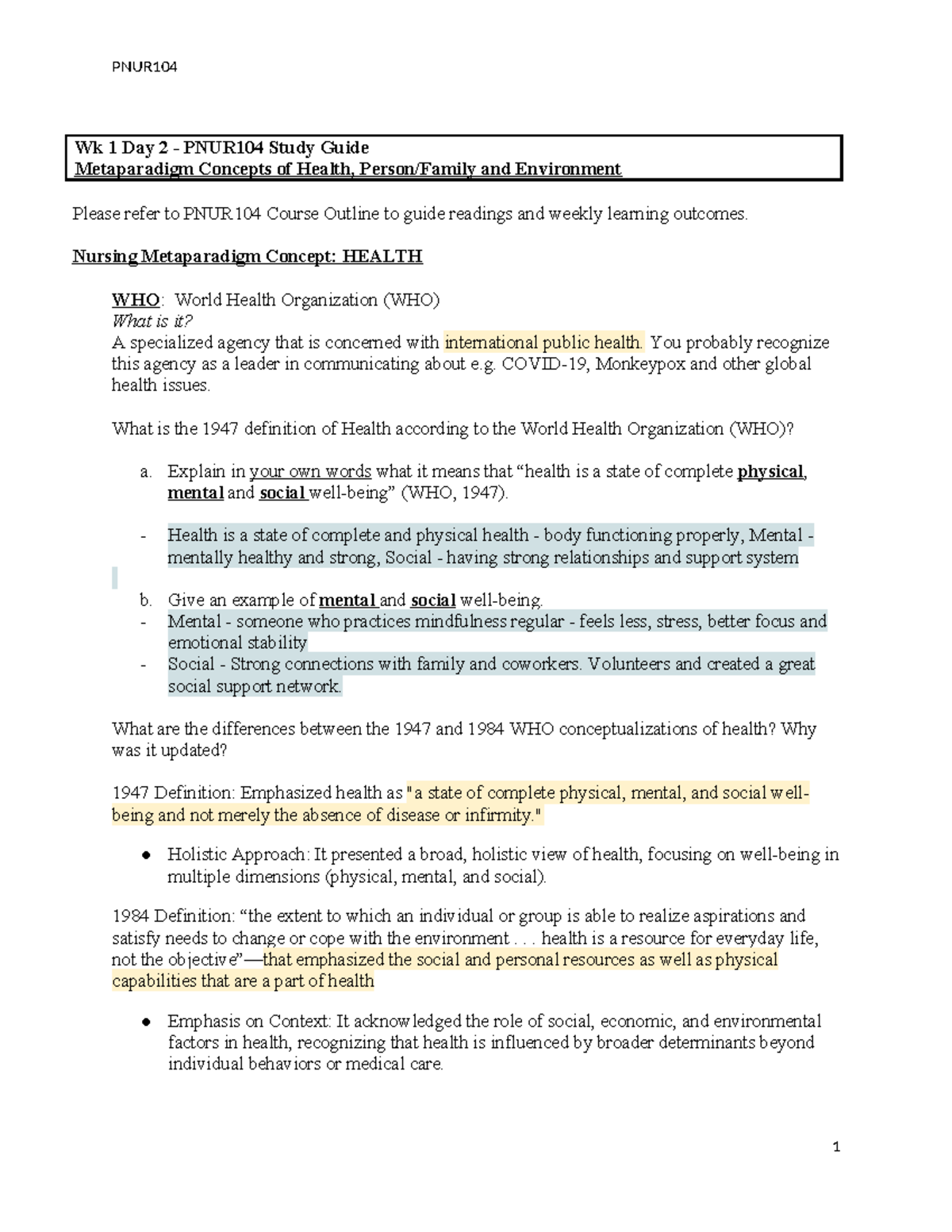 Wk 1 Day 2 PNUR104 Study Guide: Metaparadigm Concepts of Health - Studocu