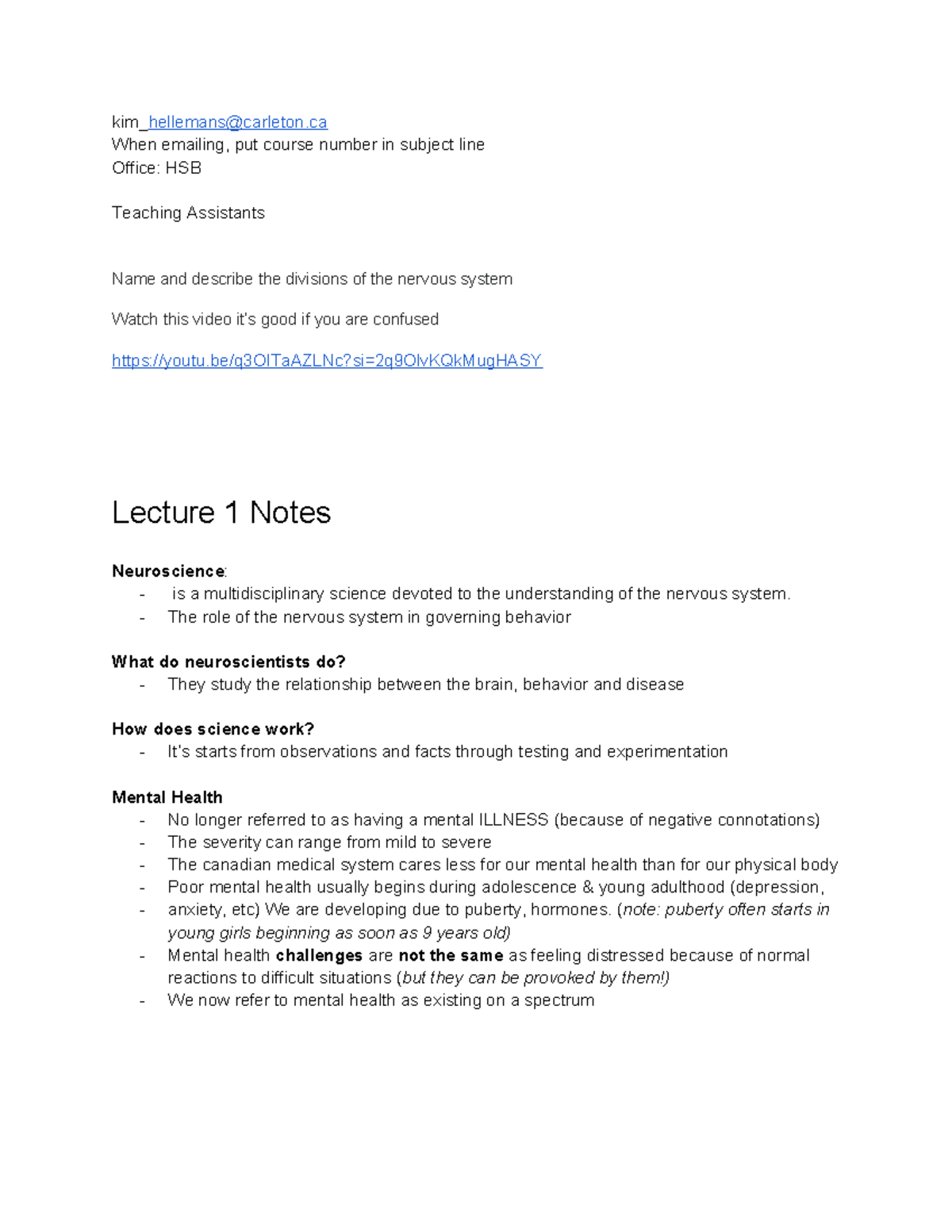 Neuroscience Lecture Notes: Understanding the Nervous System (NEUR 101 ...