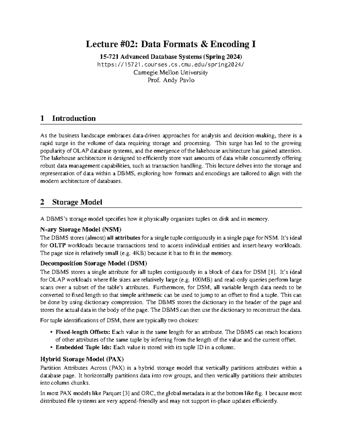 02-data1 lecture note - Lecture #02: Data Formats & Encoding I 15-721 ...