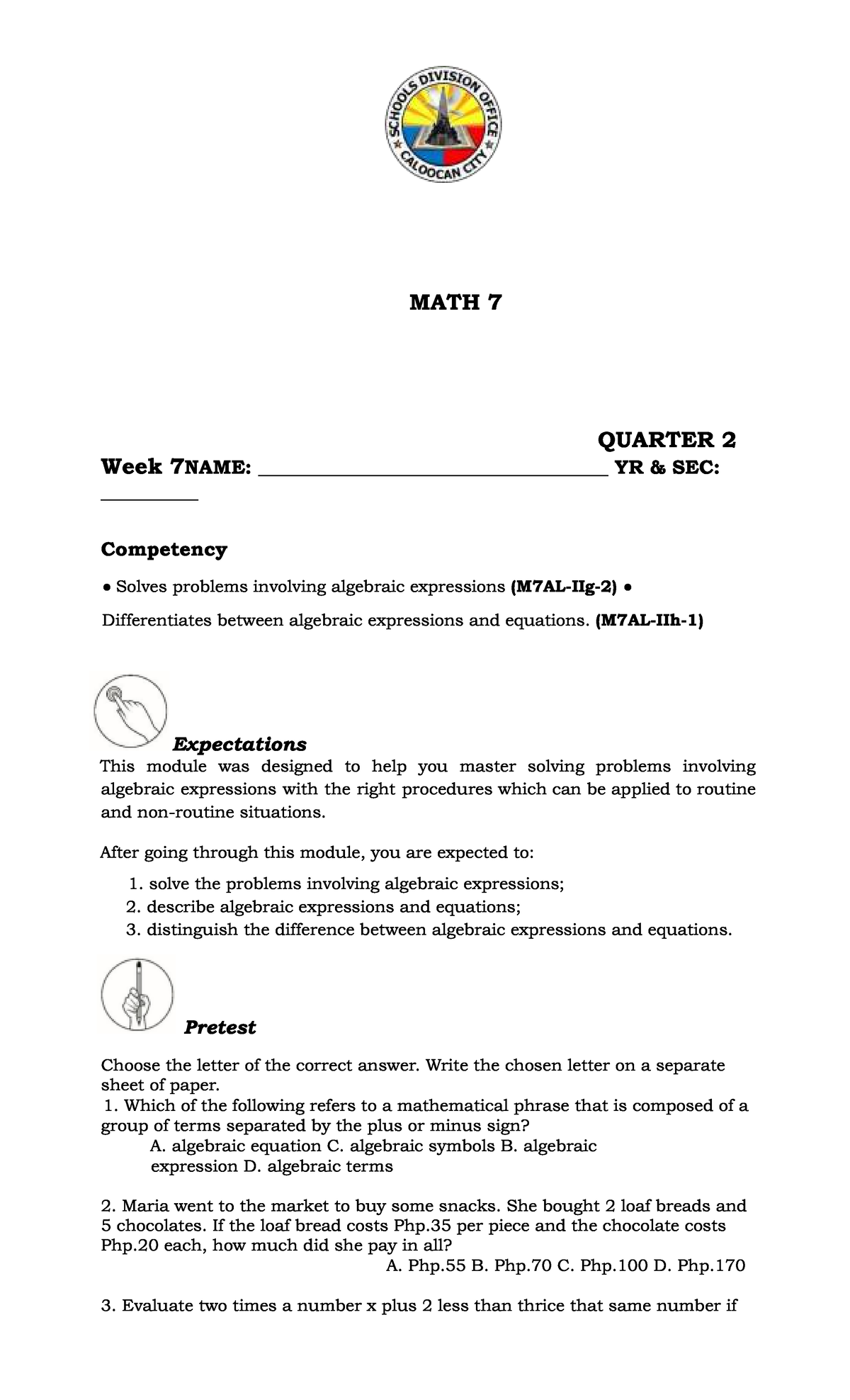 MATH 7 Q2 Week 7: Mastering Algebraic Expressions & Equations - Studocu