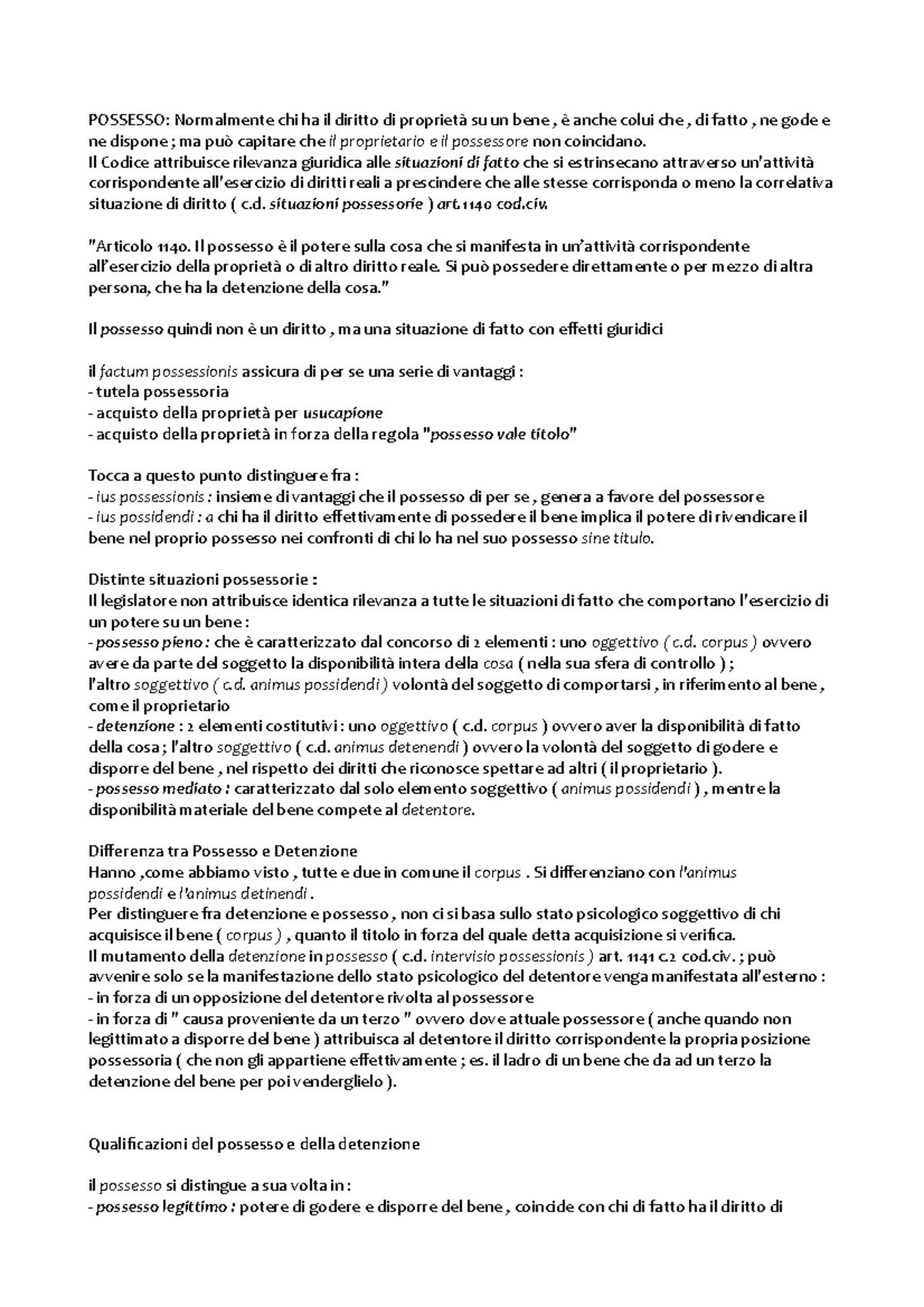 Riassunto Completo sul Possesso e le Sue Aspettative Giuridiche - Studocu