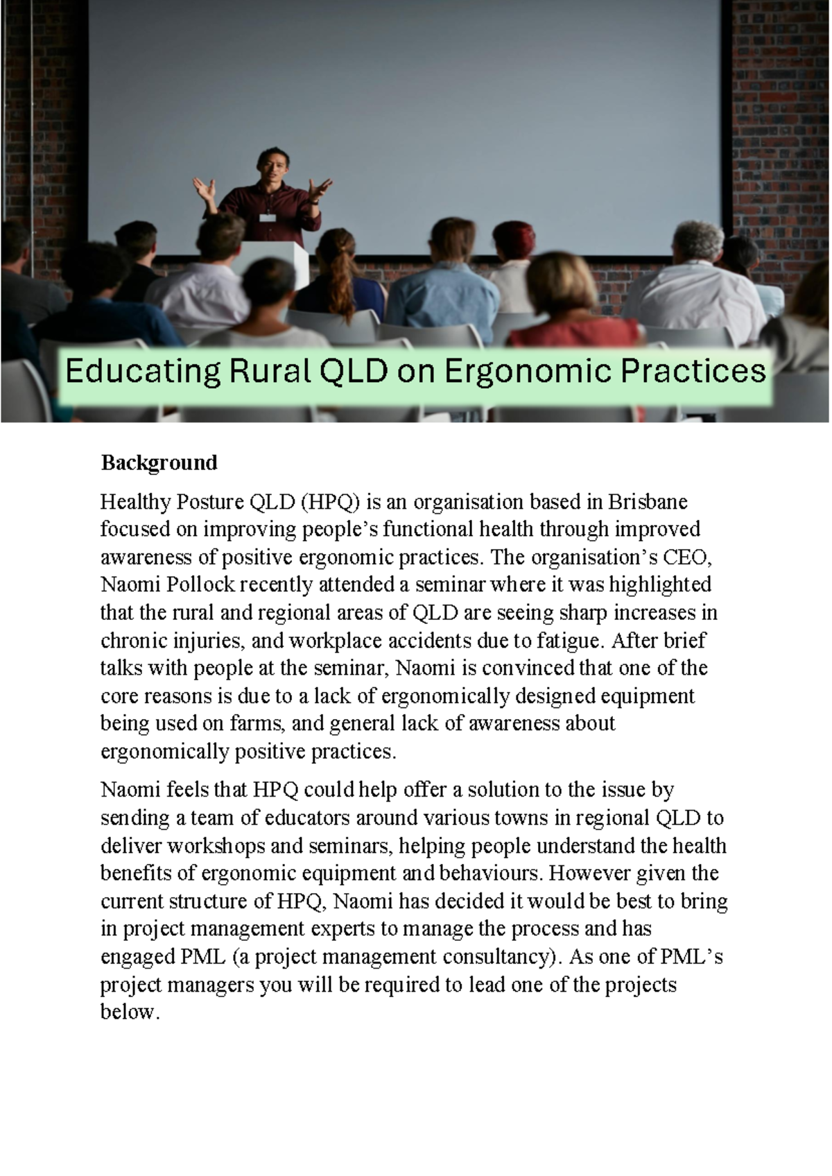 HPQ Case Study S1 26 - Project Charter for Ergonomic Workshops - Studocu