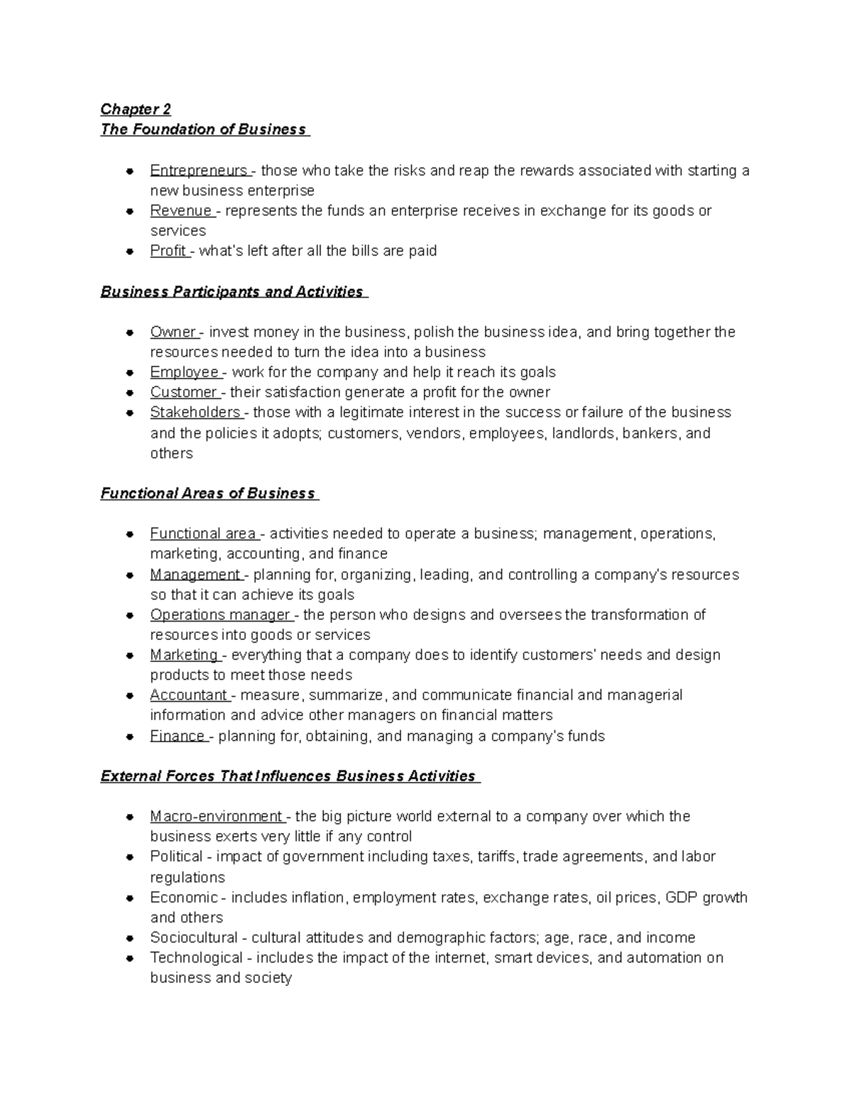 Chapter 2 - Business Foundations: Key Concepts and Participants - Studocu