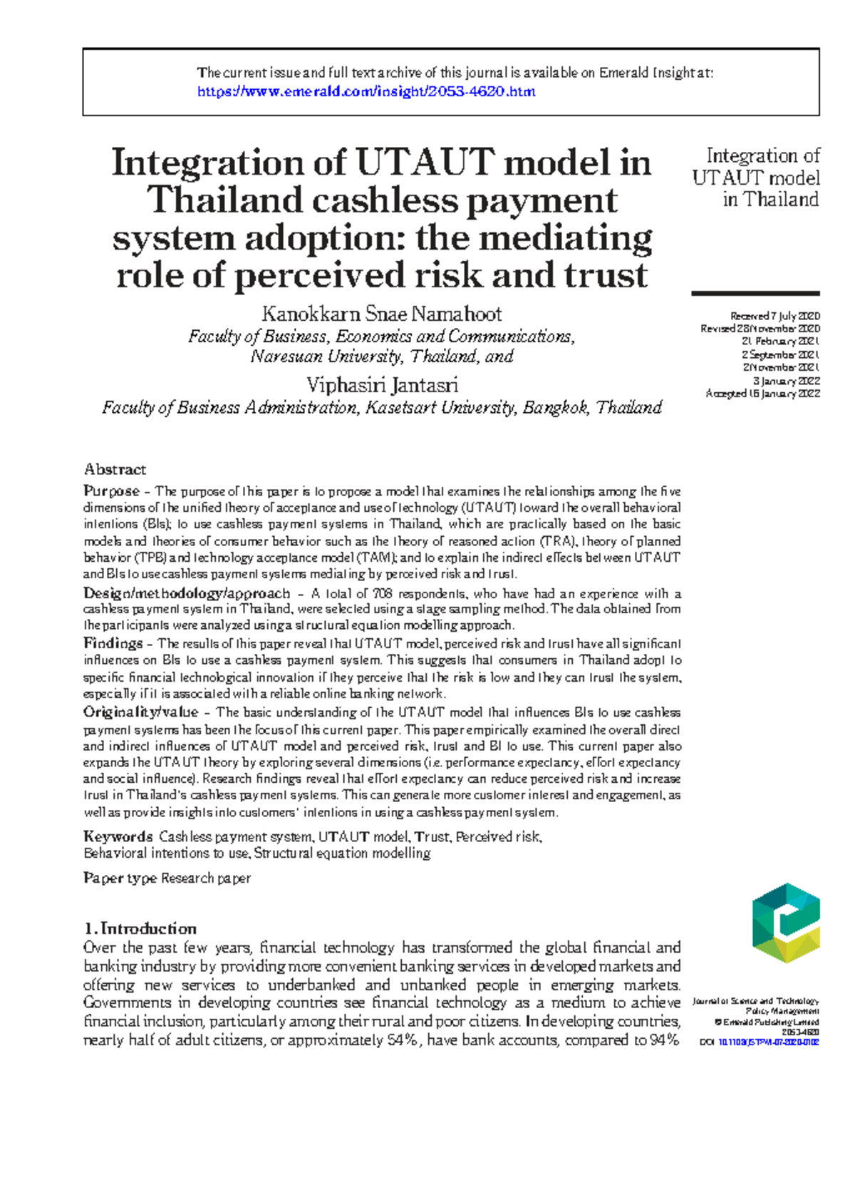 Integration of UTAUT Model in Thailand's Cashless Payment Adoption ...