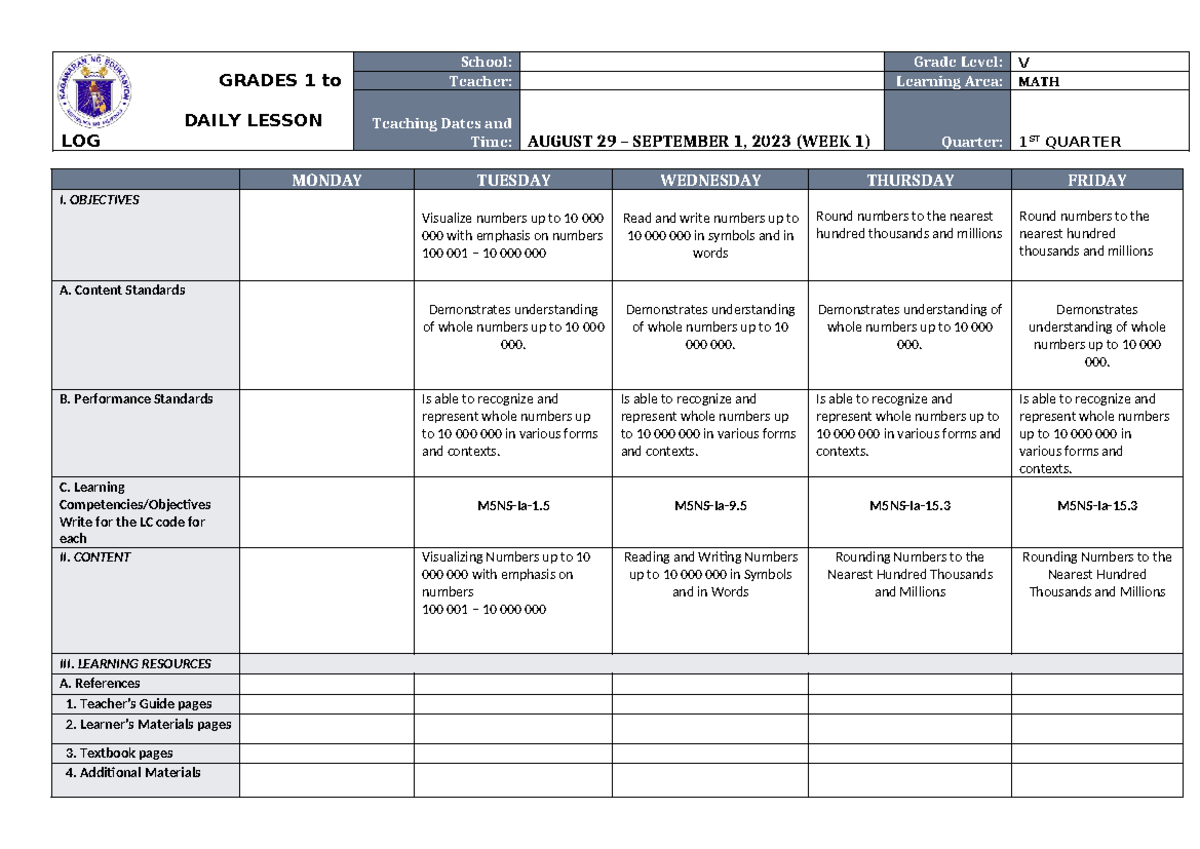 DLL MATH 5 Q1 W1 - Daily Lesson Log on Whole Numbers & Rounding - Studocu