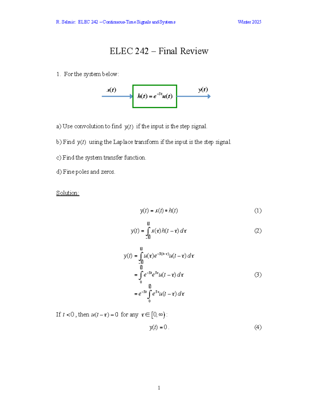 ELEC 242 Signals and Systems Winter 2025 Final Review Notes - Studocu