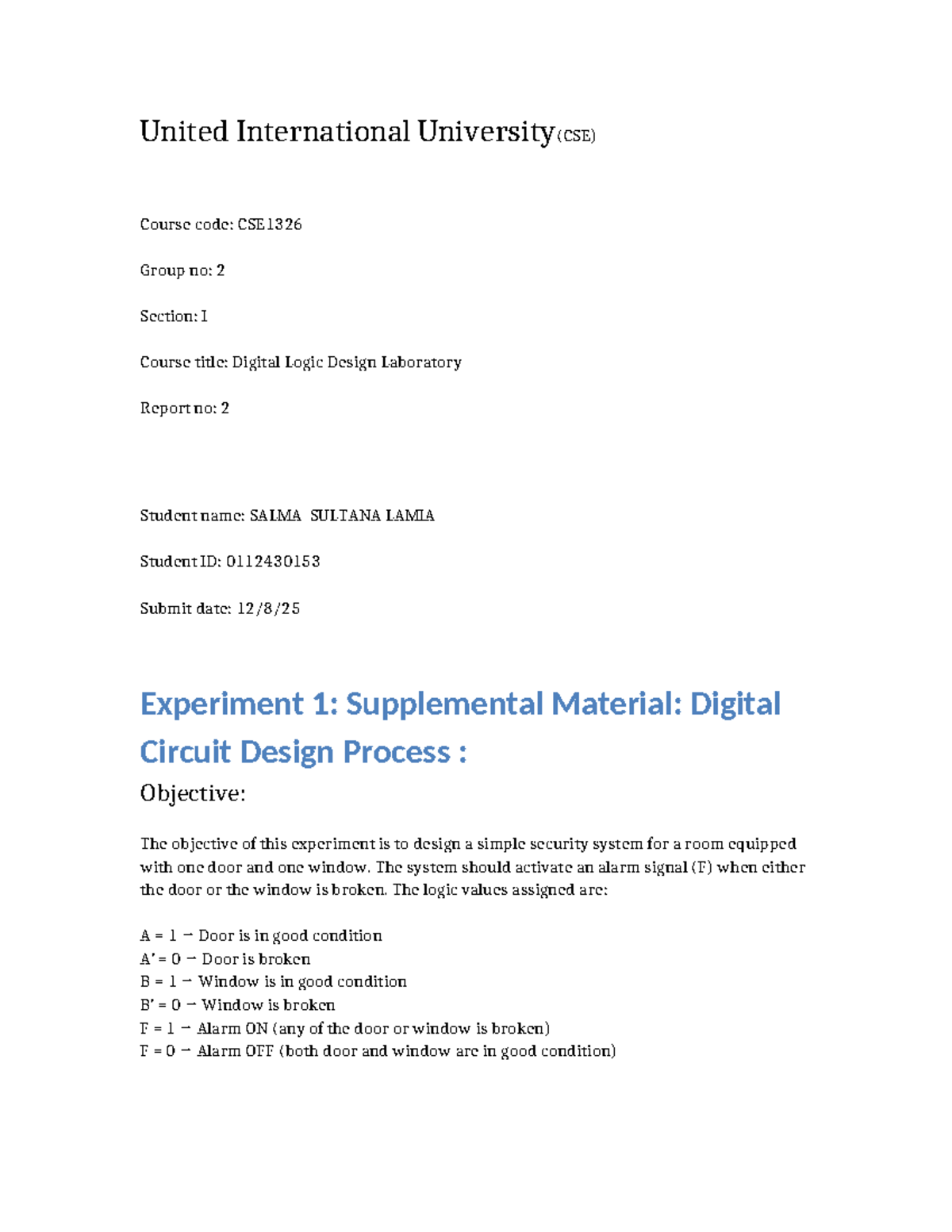 CSE1326 Digital Logic Design Lab Report 2: Security System Design - Studocu