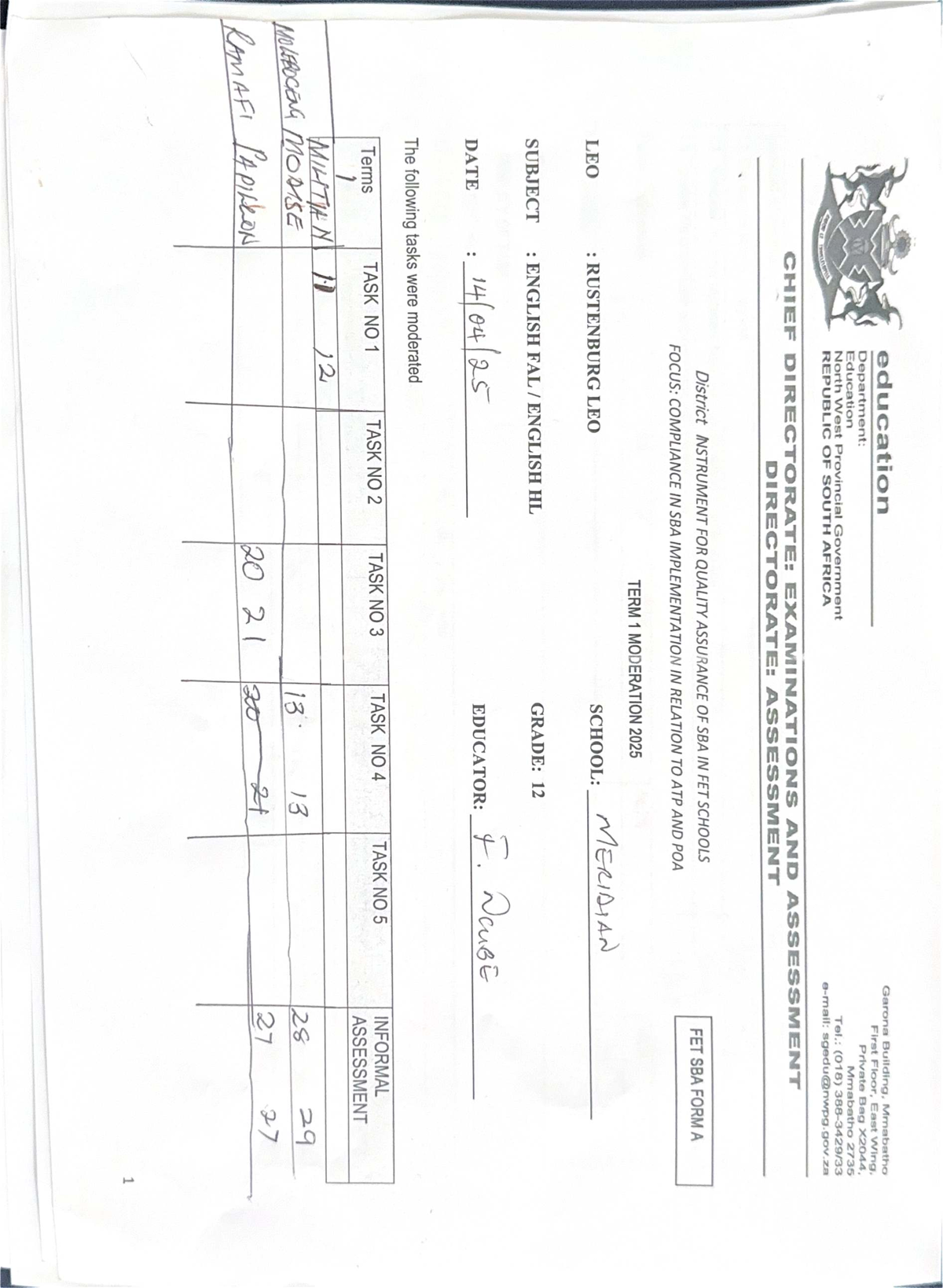 FET SBA Form A Compliance Analysis for English FAL Grade 12 - Term 1 ...