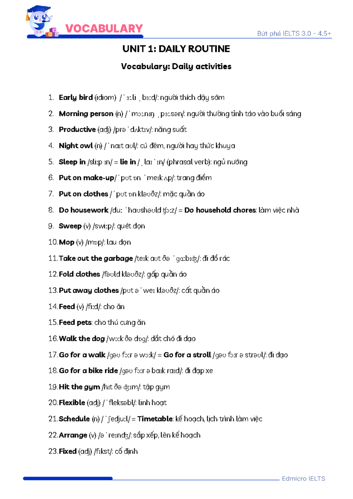 6645 - UNIT 1: DAILY ROUTINE - Vocabulary, Speaking, and Writing Tips ...