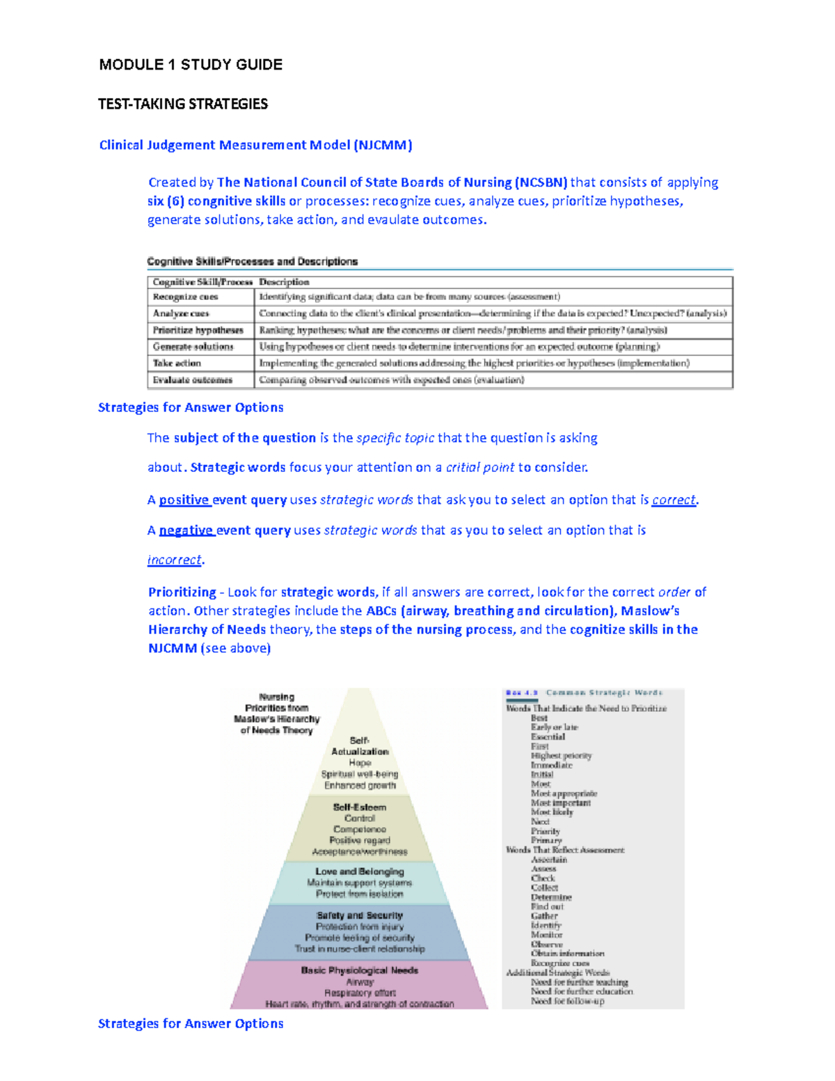 NURS 101 Exam 1 Study Guide: Key Concepts and Test Strategies - Studocu