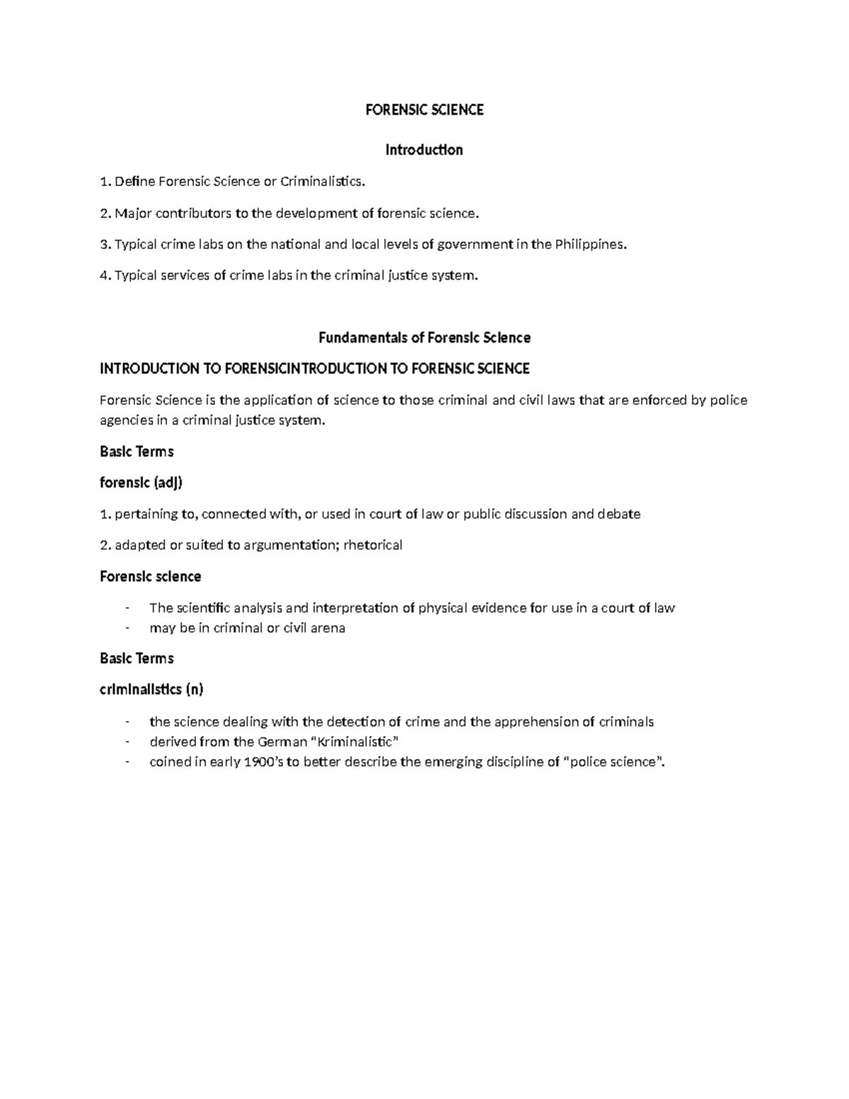 Forensic Science Lecture Notes: Key Concepts and Crime Scene Analysis ...