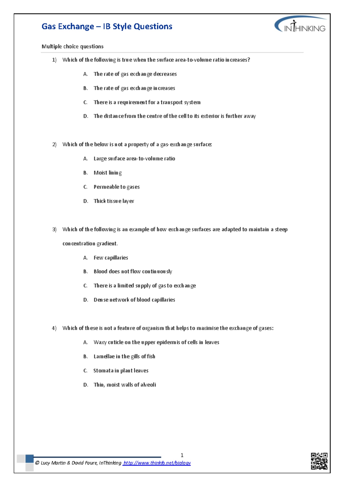 Gas Exchange IB Style MCQs for Exam Preparation - Studocu