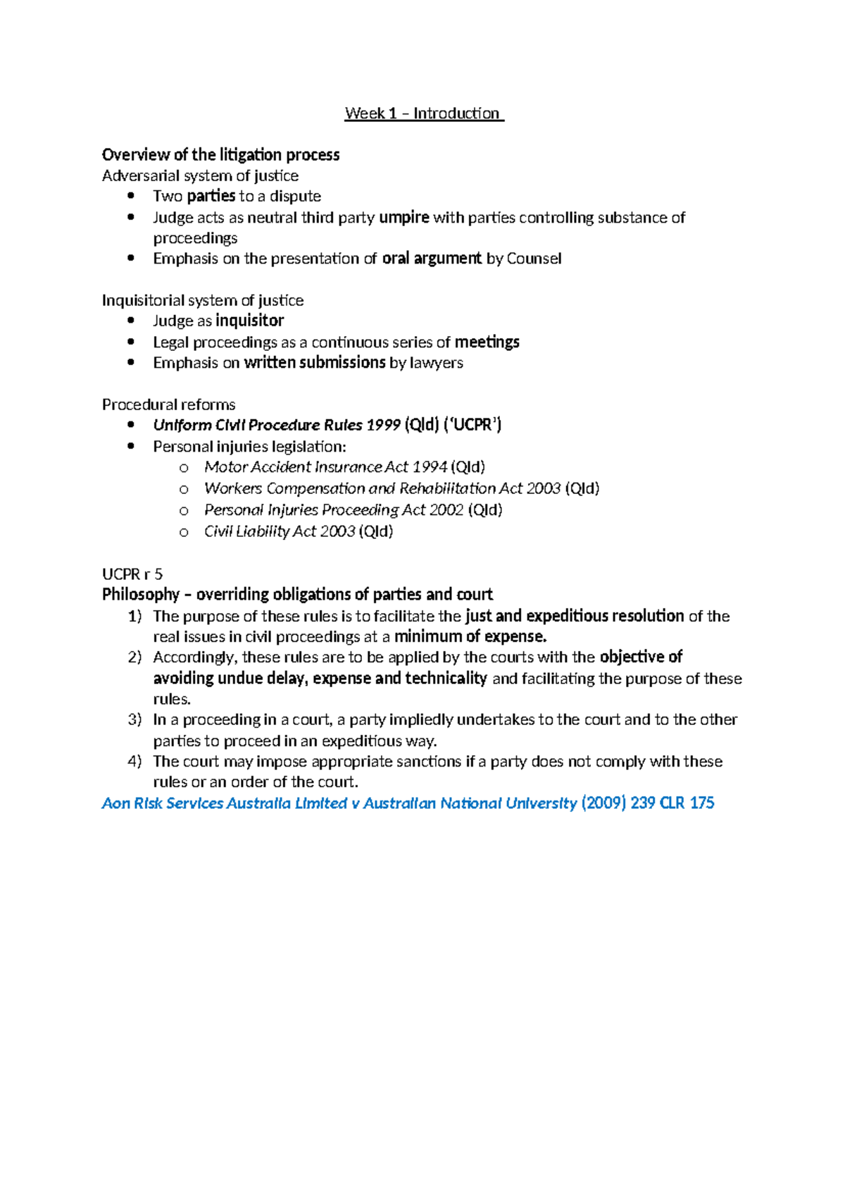 2024 LAW101 Lecture Notes: Overview of Litigation Process and UCPR ...