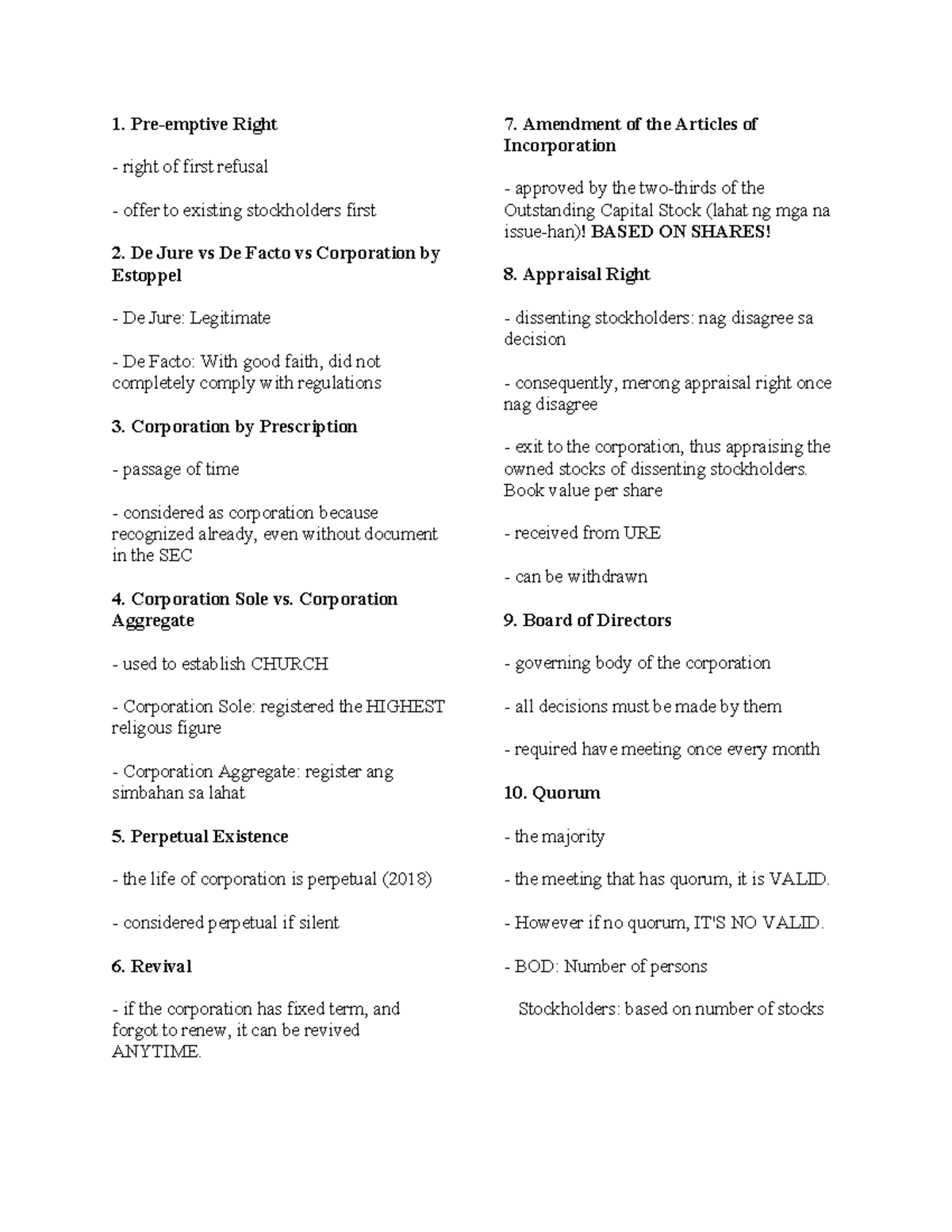 LAW 101: Key Concepts in Corporation Law Summary Notes - Studocu
