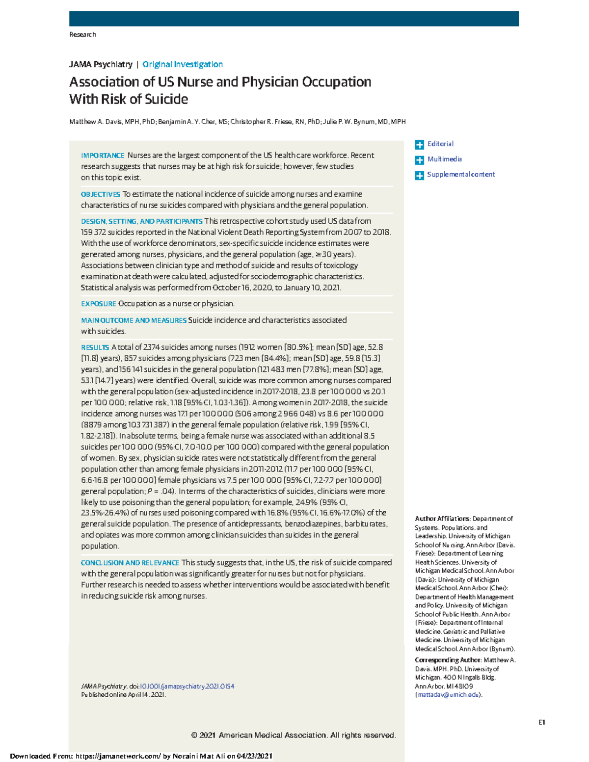 Suicide Risk Among US Nurses vs Physicians: A National Study - Studocu