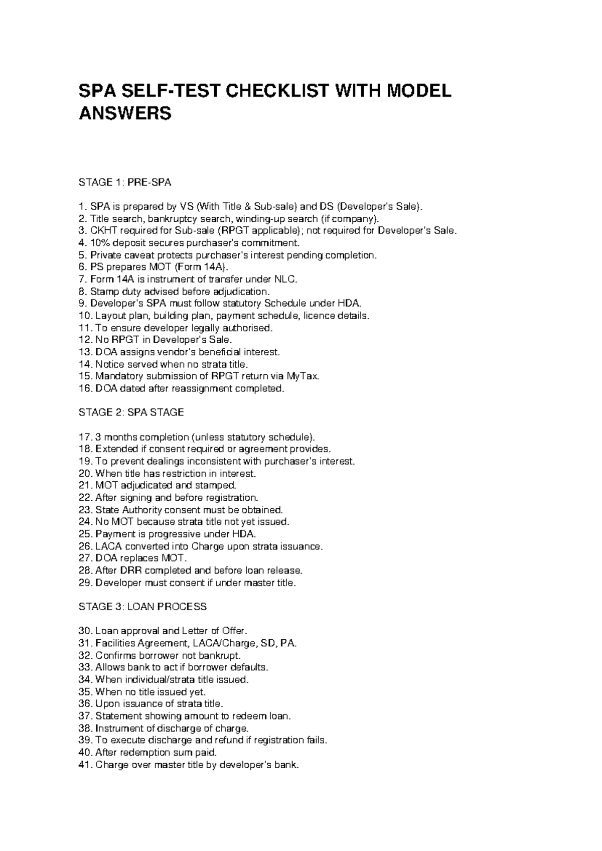 SPA Self Test Checklist with Model Answers for Stage 1-3 - Studocu