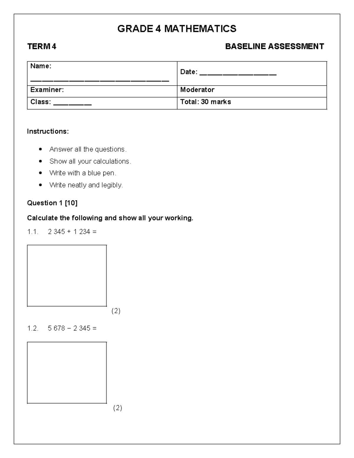 Grade 4 Mathematics Term 4 Baseline Assessment (30 Marks) - Studocu