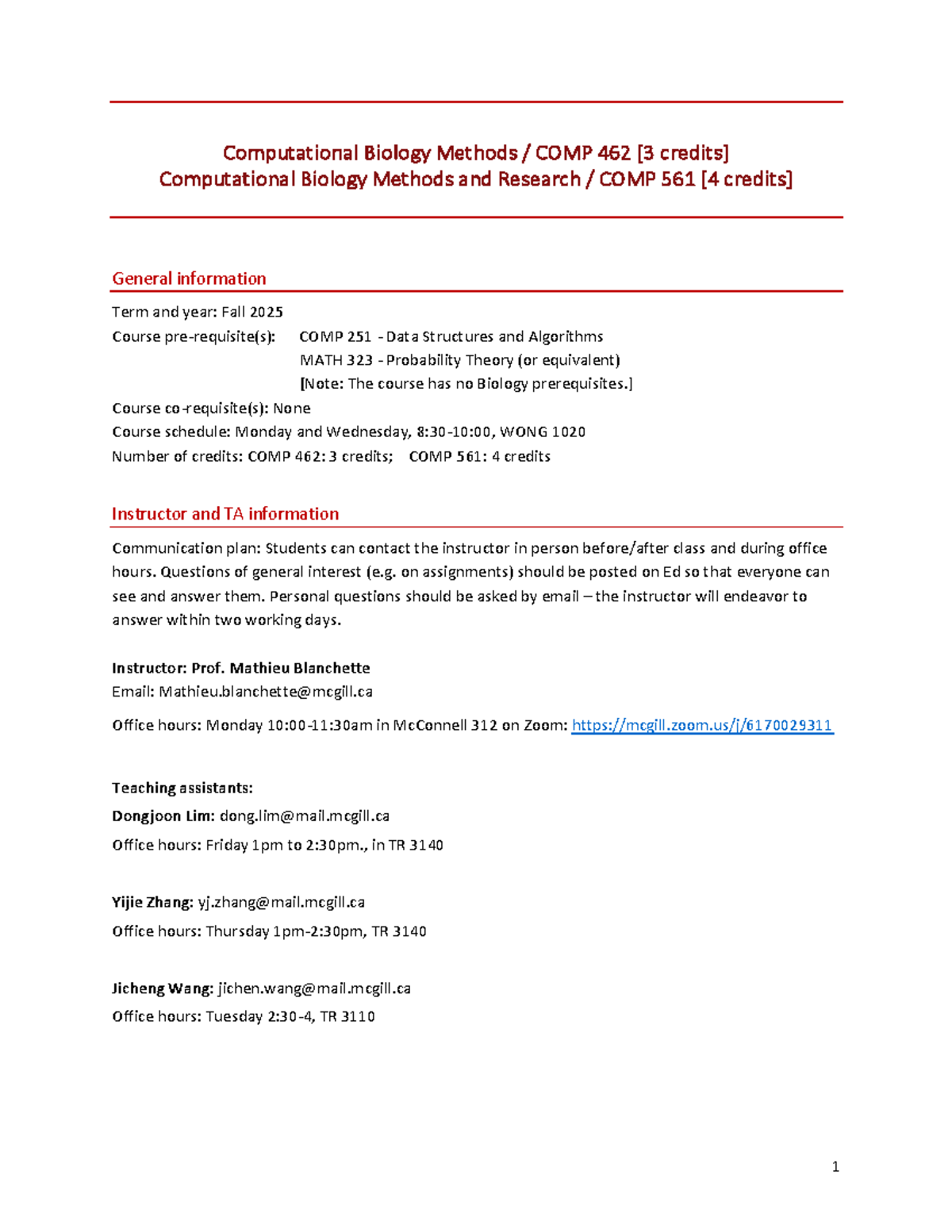 COMP 462-561 Course Outline: Computational Biology Methods F2025 - Studocu