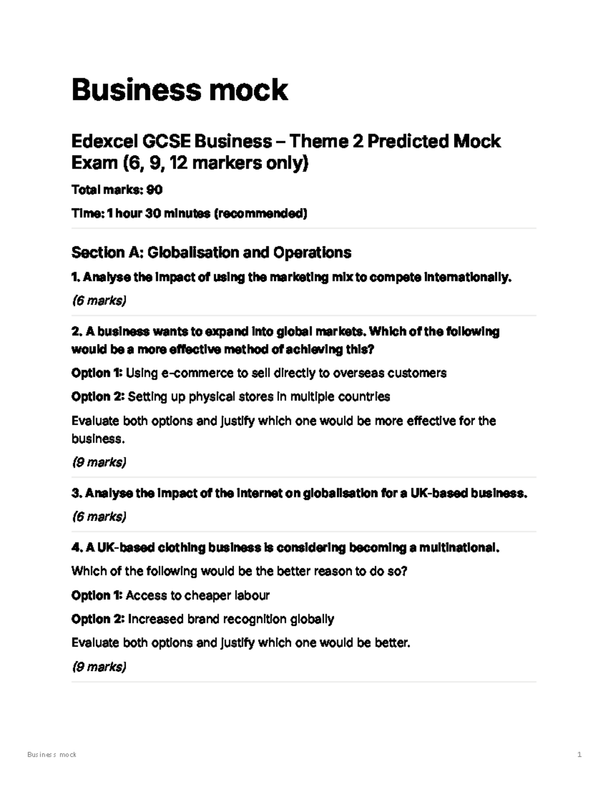 Edexcel GCSE Business Theme 2 Predicted Mock Exam (90 Marks) - Studocu