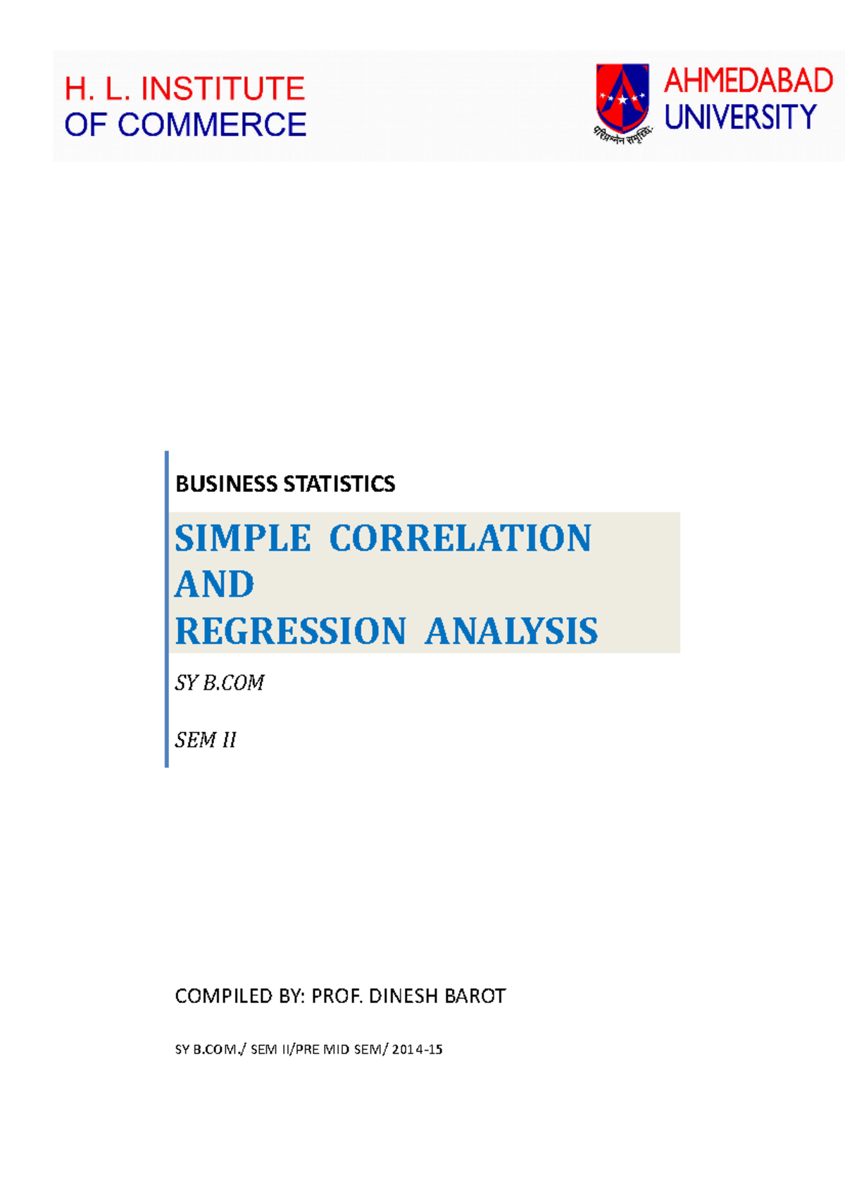 SY B.COM SEM II Business Statistics: Simple Correlation & Regression ...