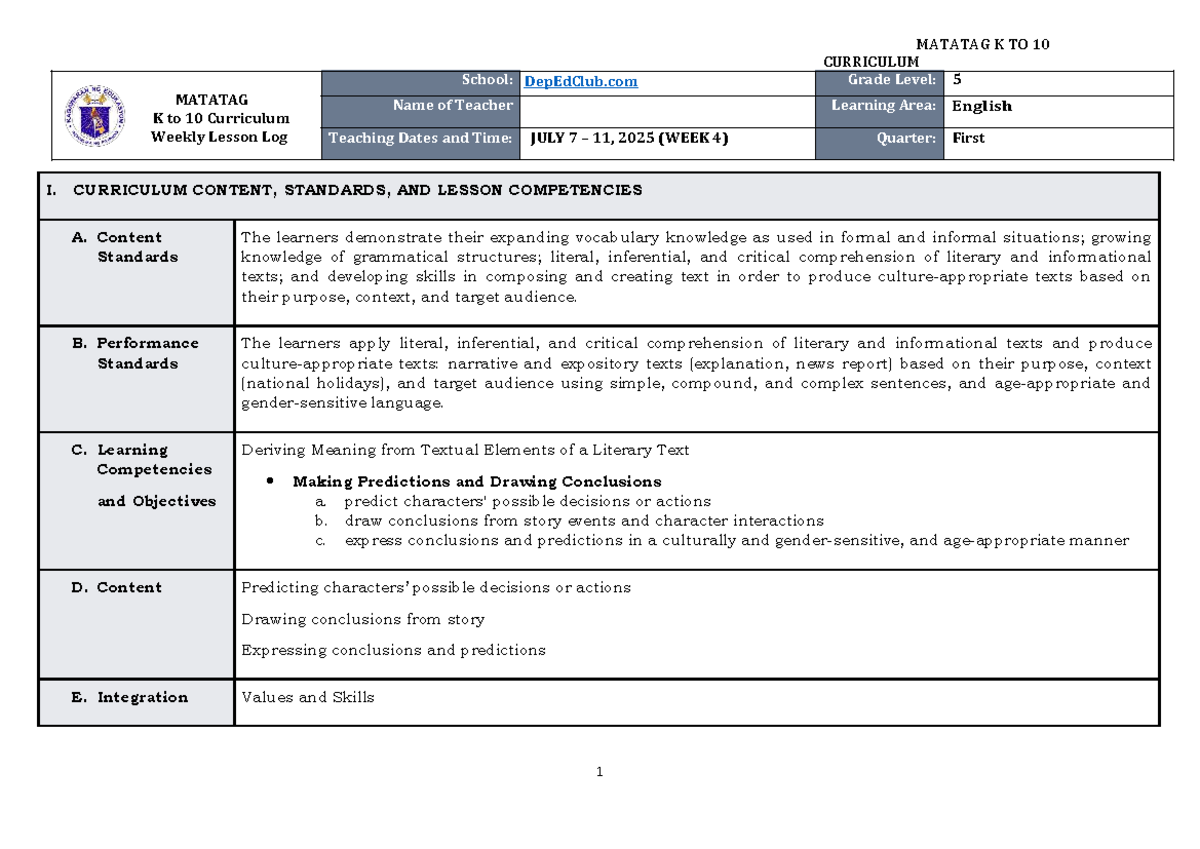 DLL Matatag K to 10 English 5 Weekly Lesson Log Q1 W4 - Studocu