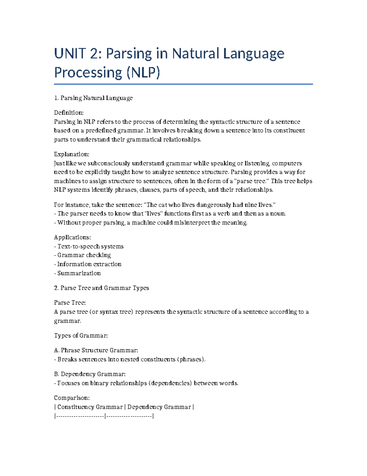 Unit 2: Detailed Notes on Parsing in NLP and Its Applications - Studocu