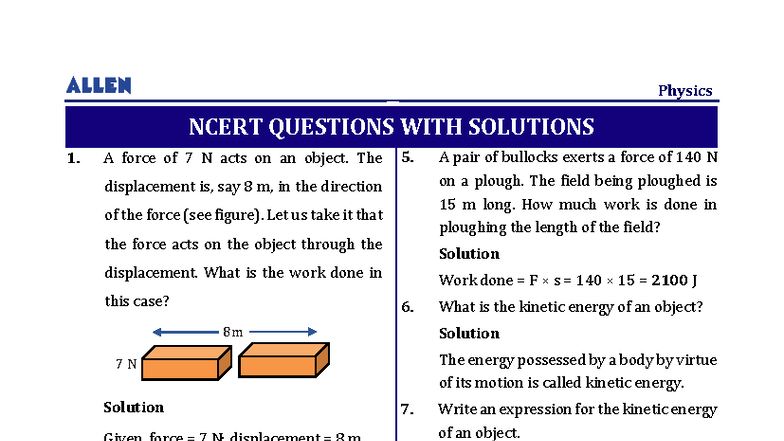 Work and Energy: NCERT Solutions for Class 9 Physics - Studocu