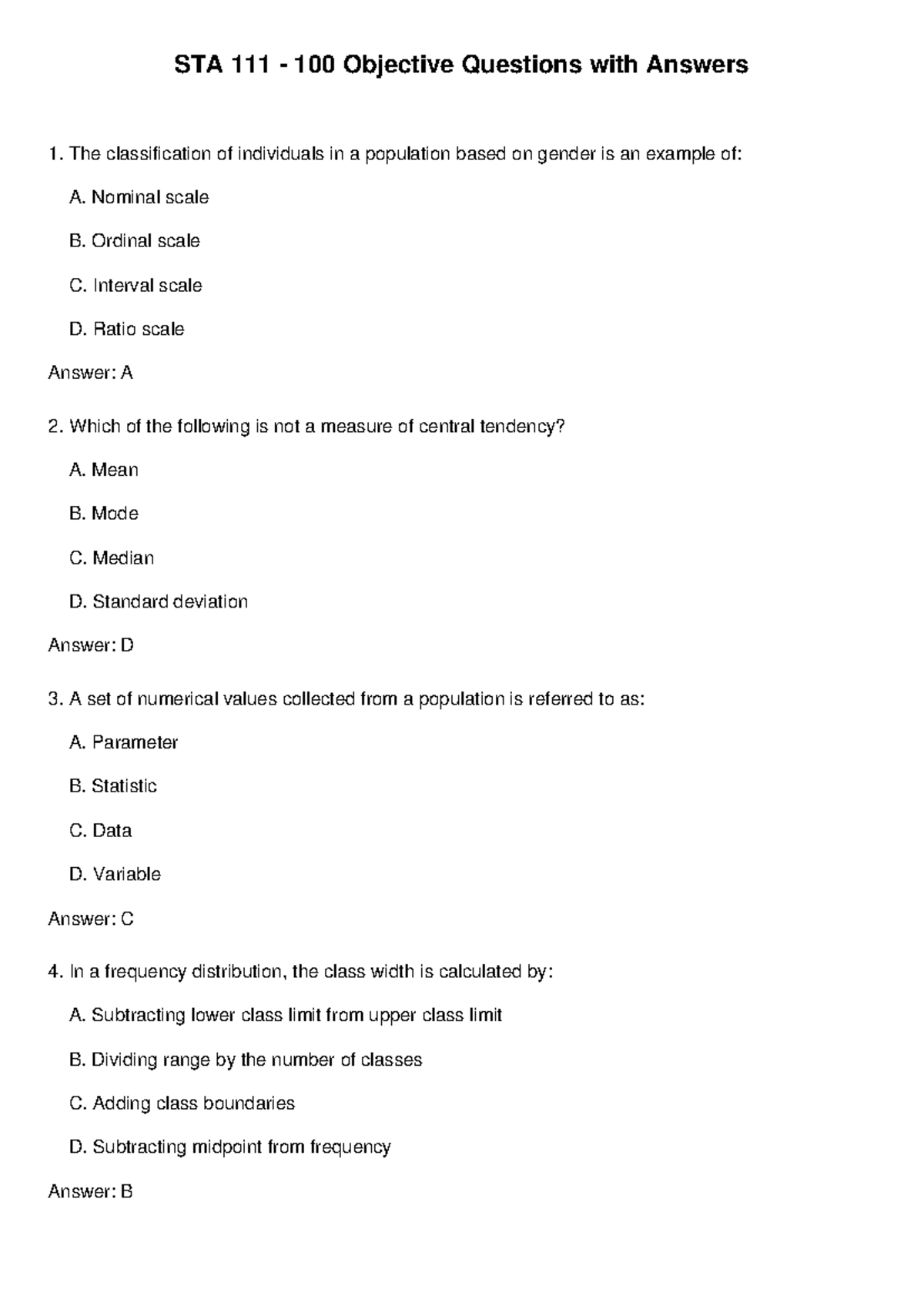 STA 111 Objective Questions with Answers on Statistical Concepts - Studocu