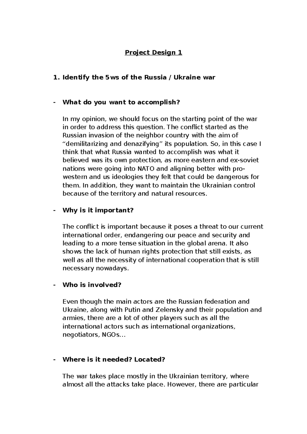 Project Design 1: Analyzing the 5Ws of the Russia-Ukraine War - Studocu