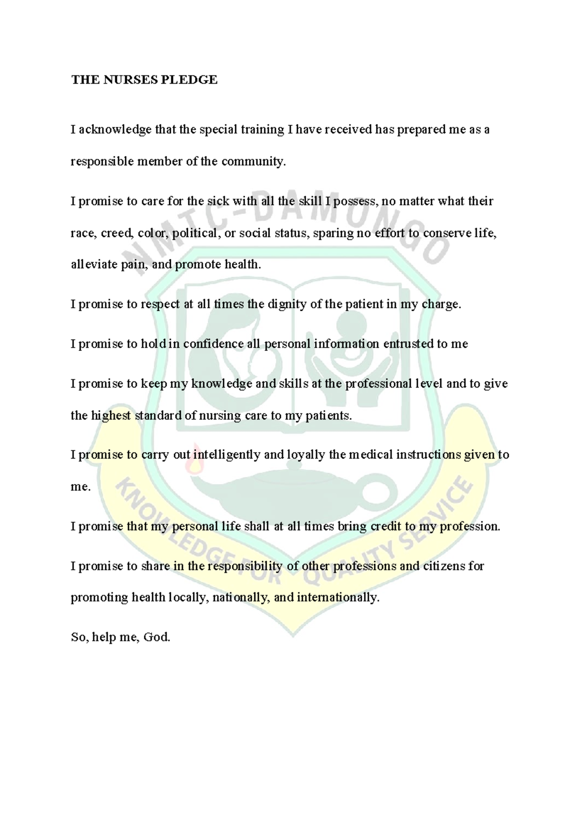 Nurses Pledge: Commitment to Care and Professionalism - Studocu