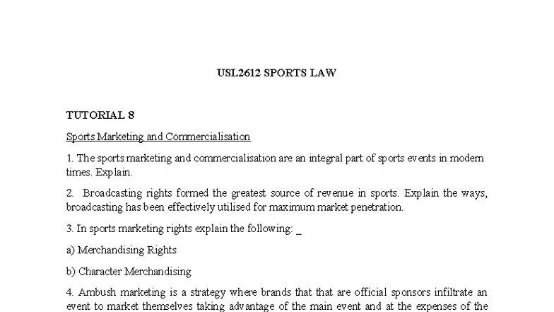 USL2612 SPORTS LAW TUTORIAL 8: Sports Marketing Insights - Studocu