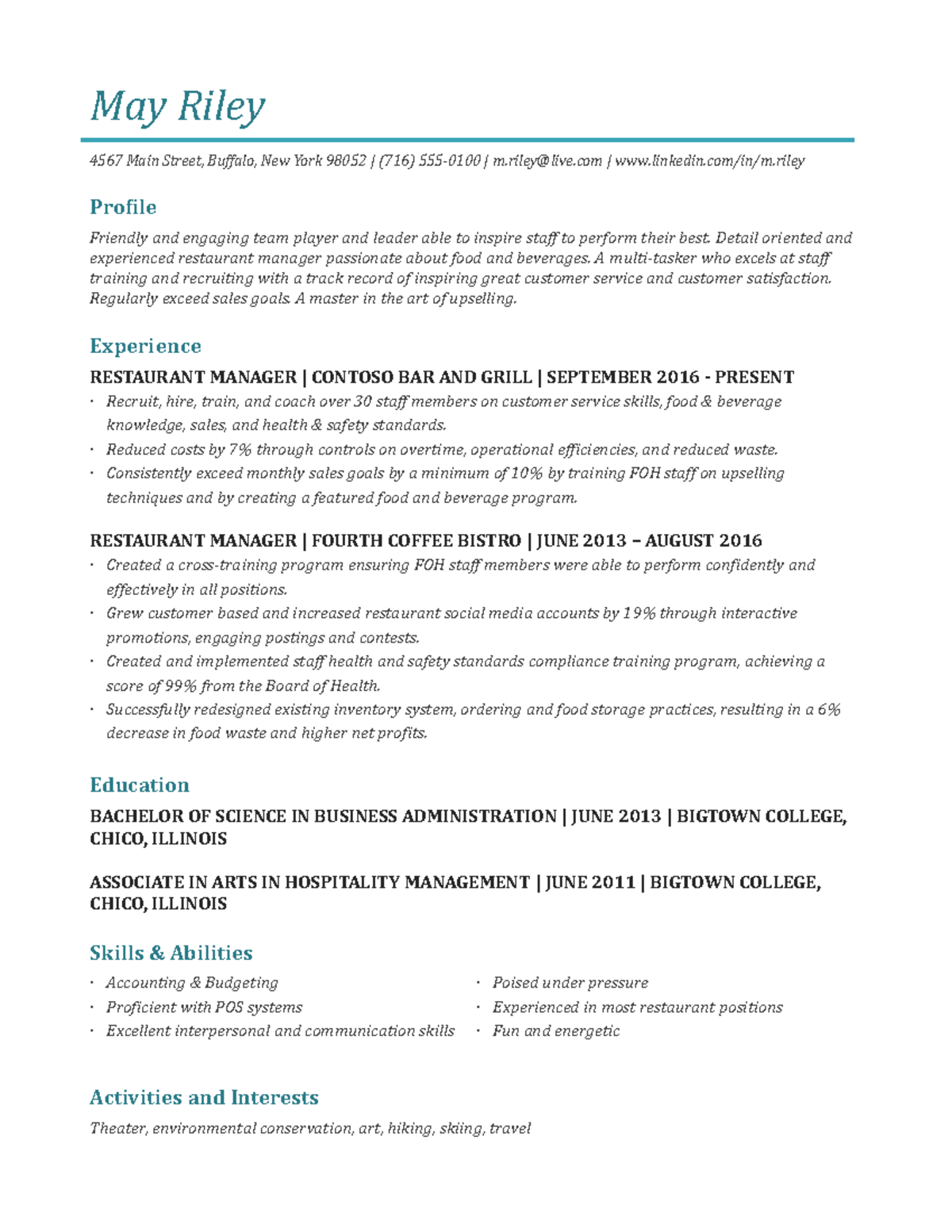 Restaurant Management Resume - May Riley - Studocu