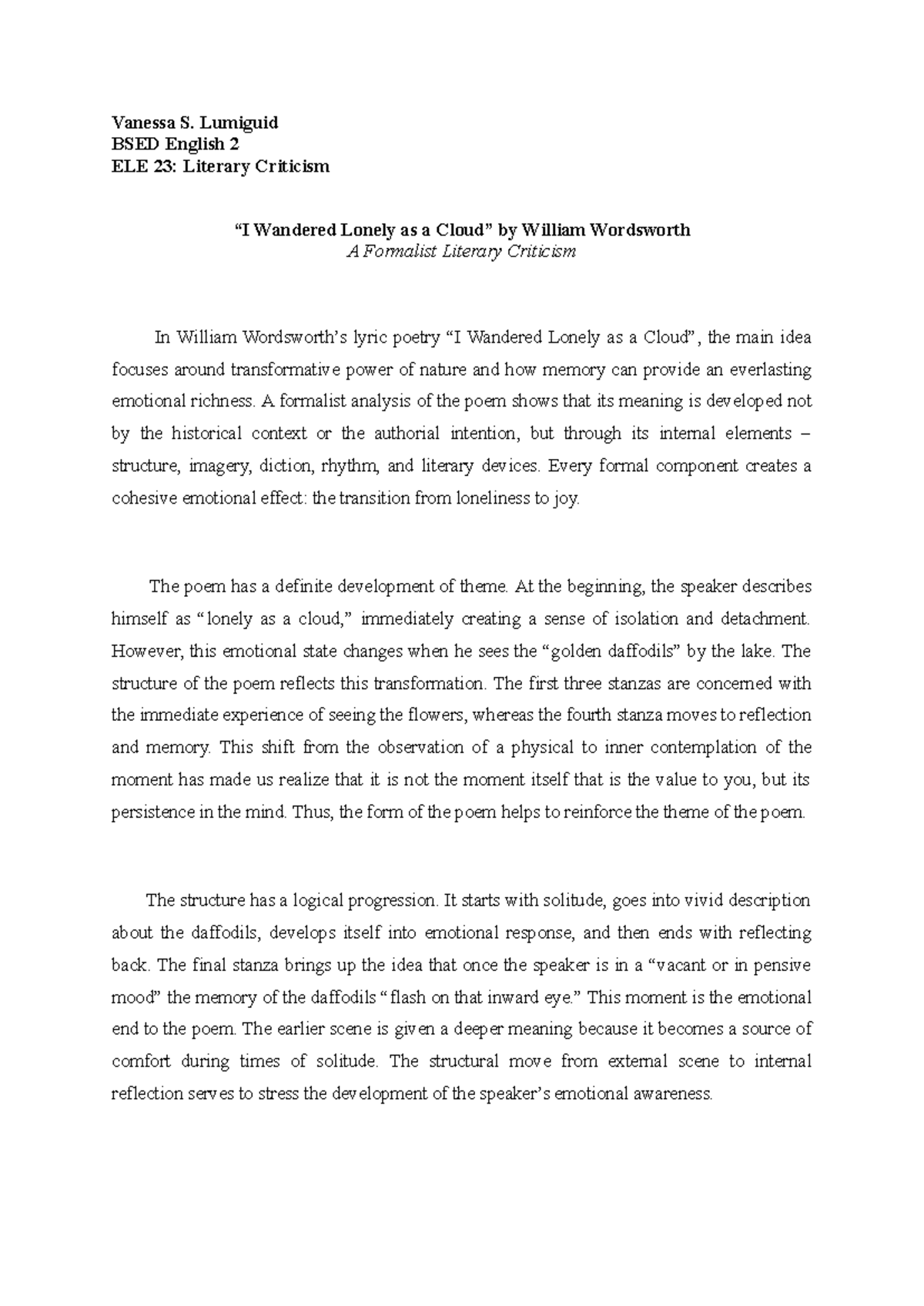 BSED English 2 ELE 23: Formalist Critique of Wordsworth's 