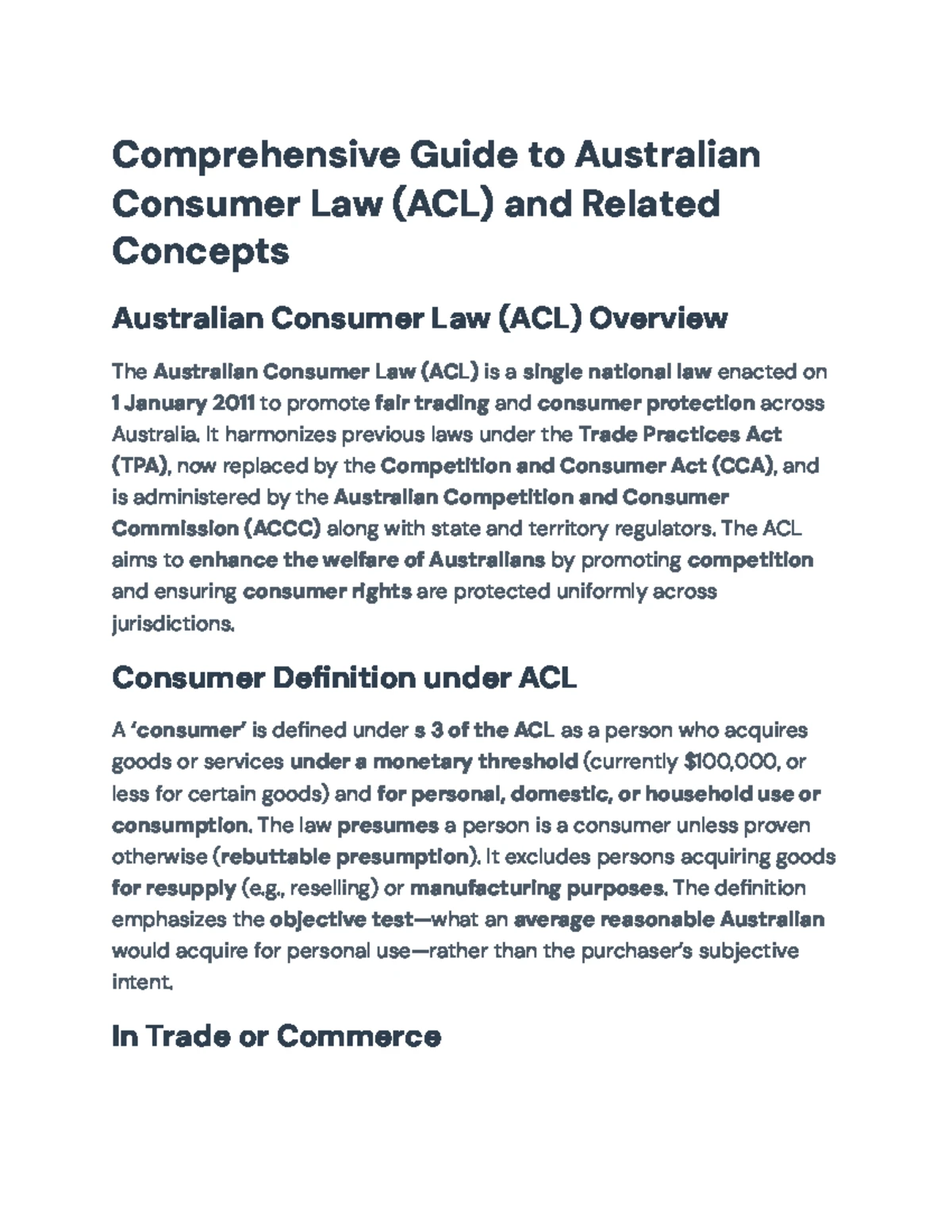 Australian Consumer Law (ACL) Week 1: Intro, Definitions & Key Concepts ...