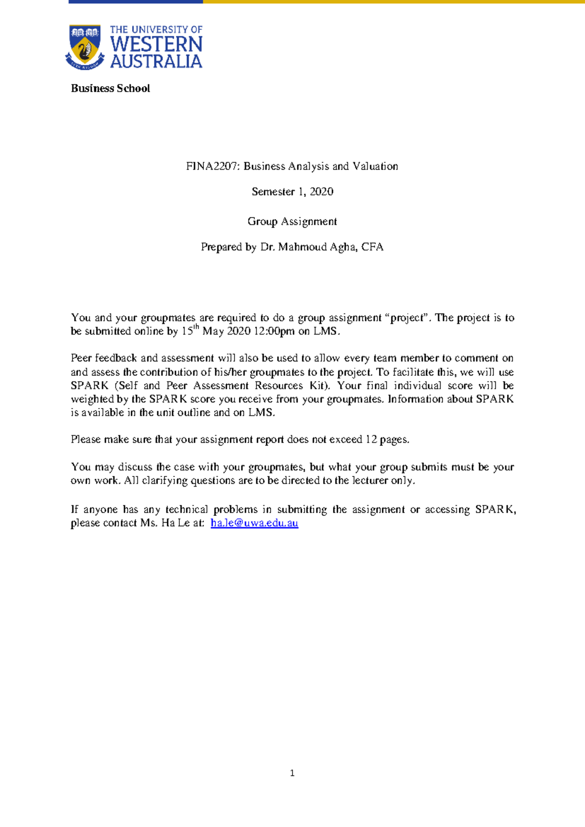 The Group Assignment FINA2207-2020 - Business School FINA2207: Business ...