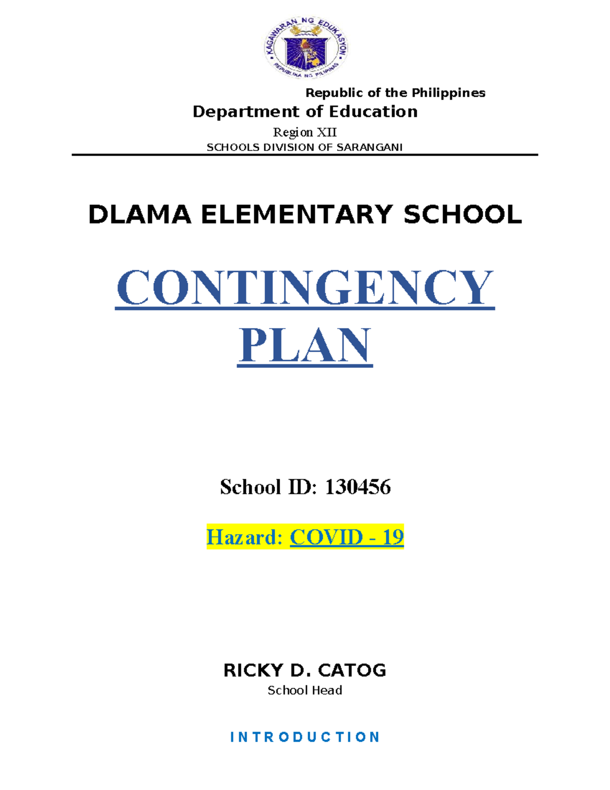 Contingency Plan(1) Dlama - Republic of the Philippines Department of ...